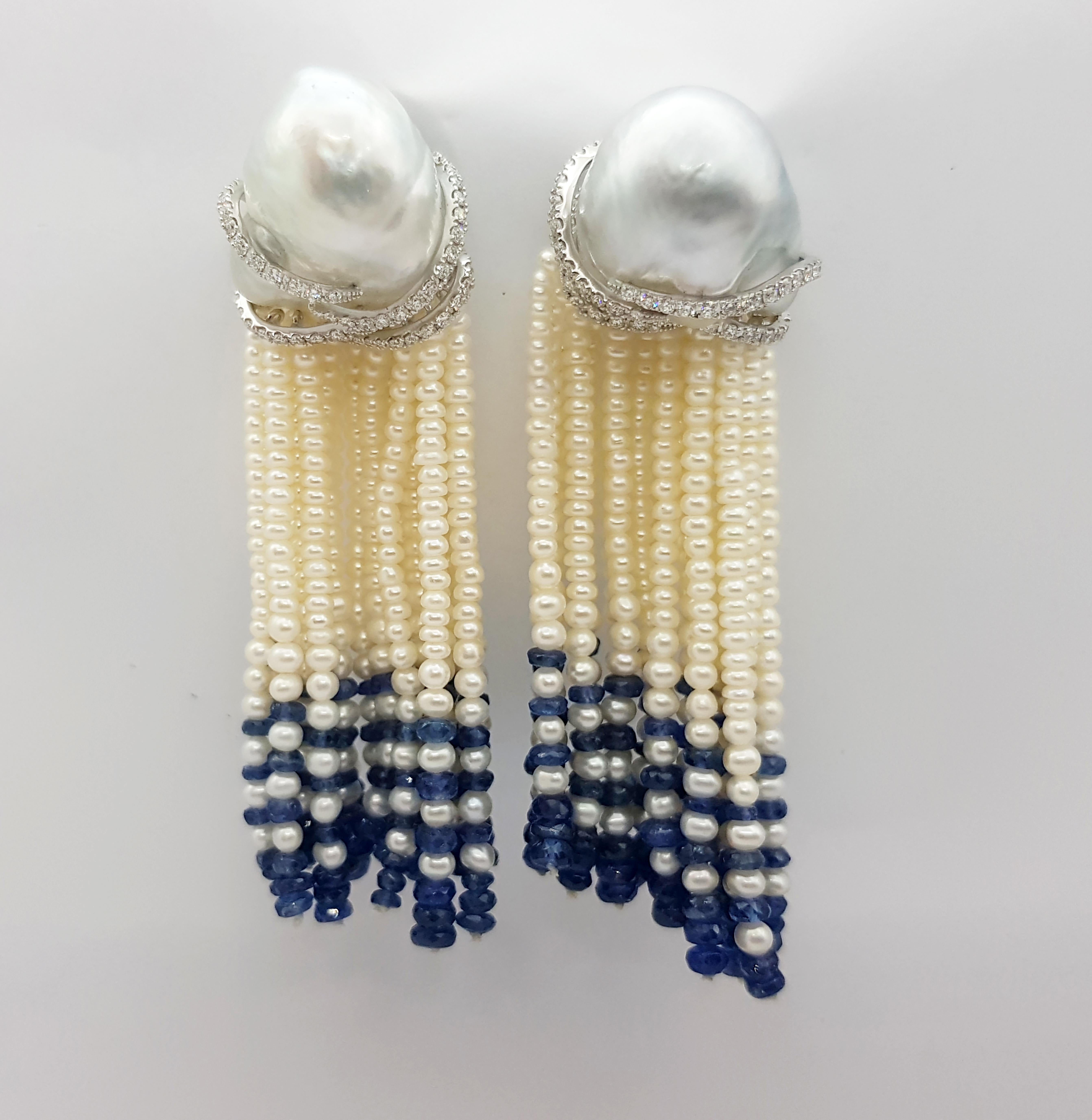 Contemporary Pearl, Blue Sapphire Beads and Diamond Earrings in 18 Karat White Gold Settings For Sale