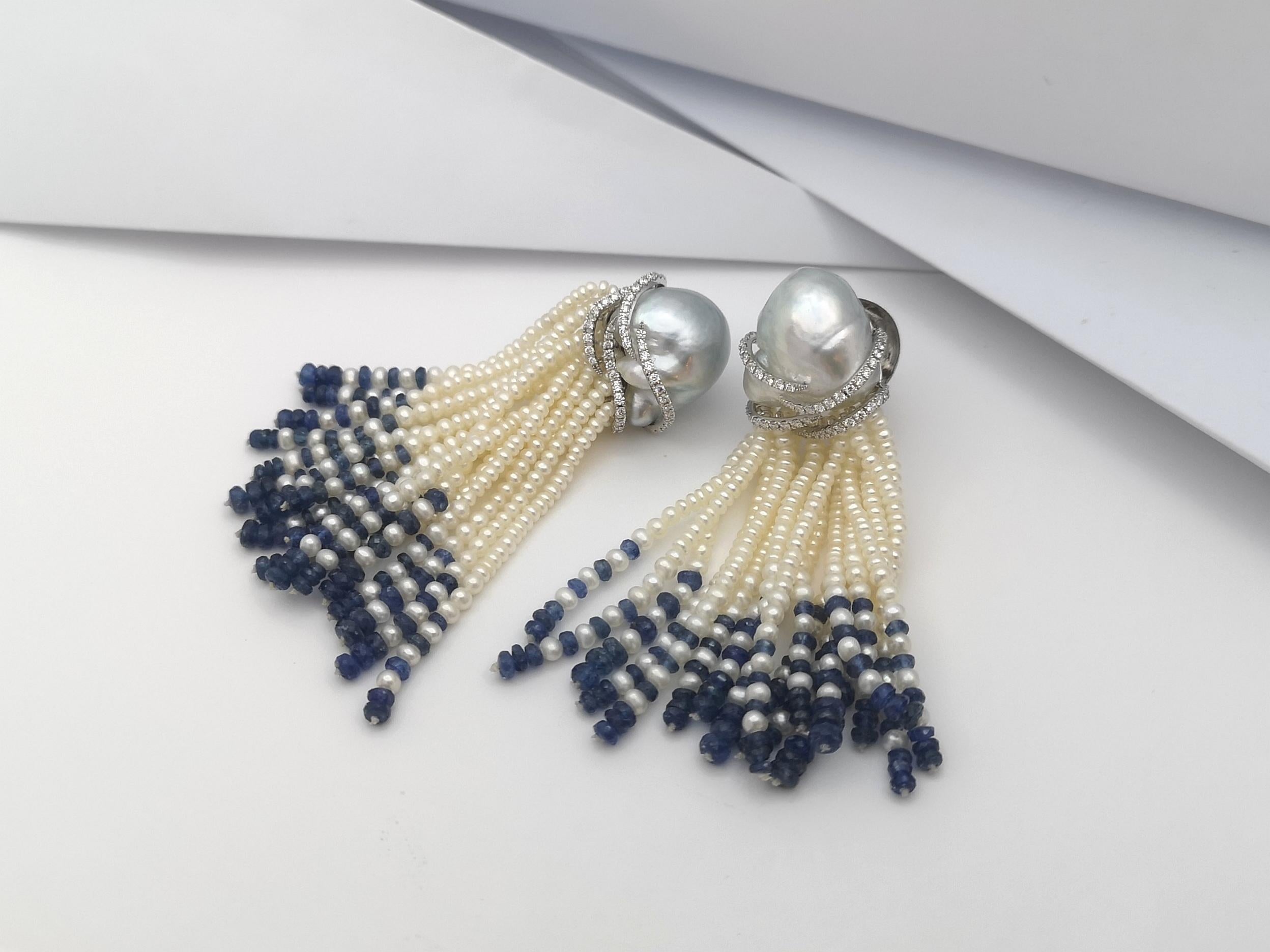 Mixed Cut Pearl, Blue Sapphire Beads and Diamond Earrings in 18 Karat White Gold Settings For Sale