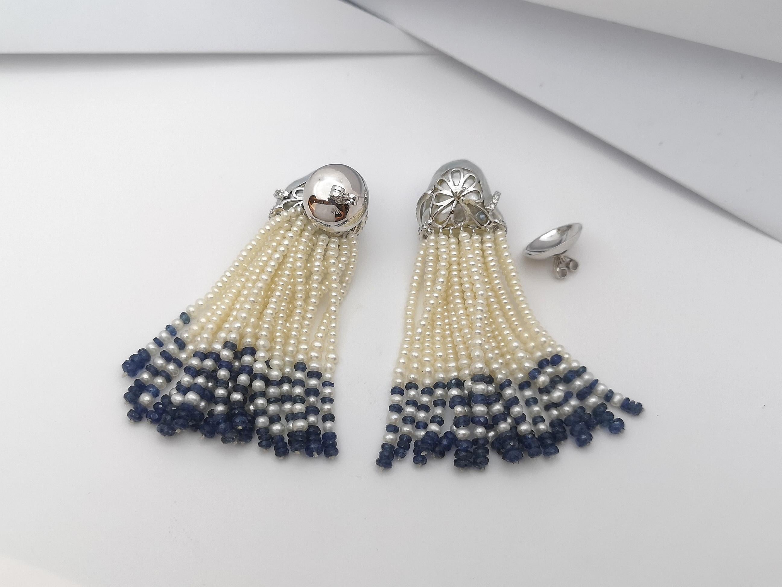 Women's Pearl, Blue Sapphire Beads and Diamond Earrings in 18 Karat White Gold Settings For Sale