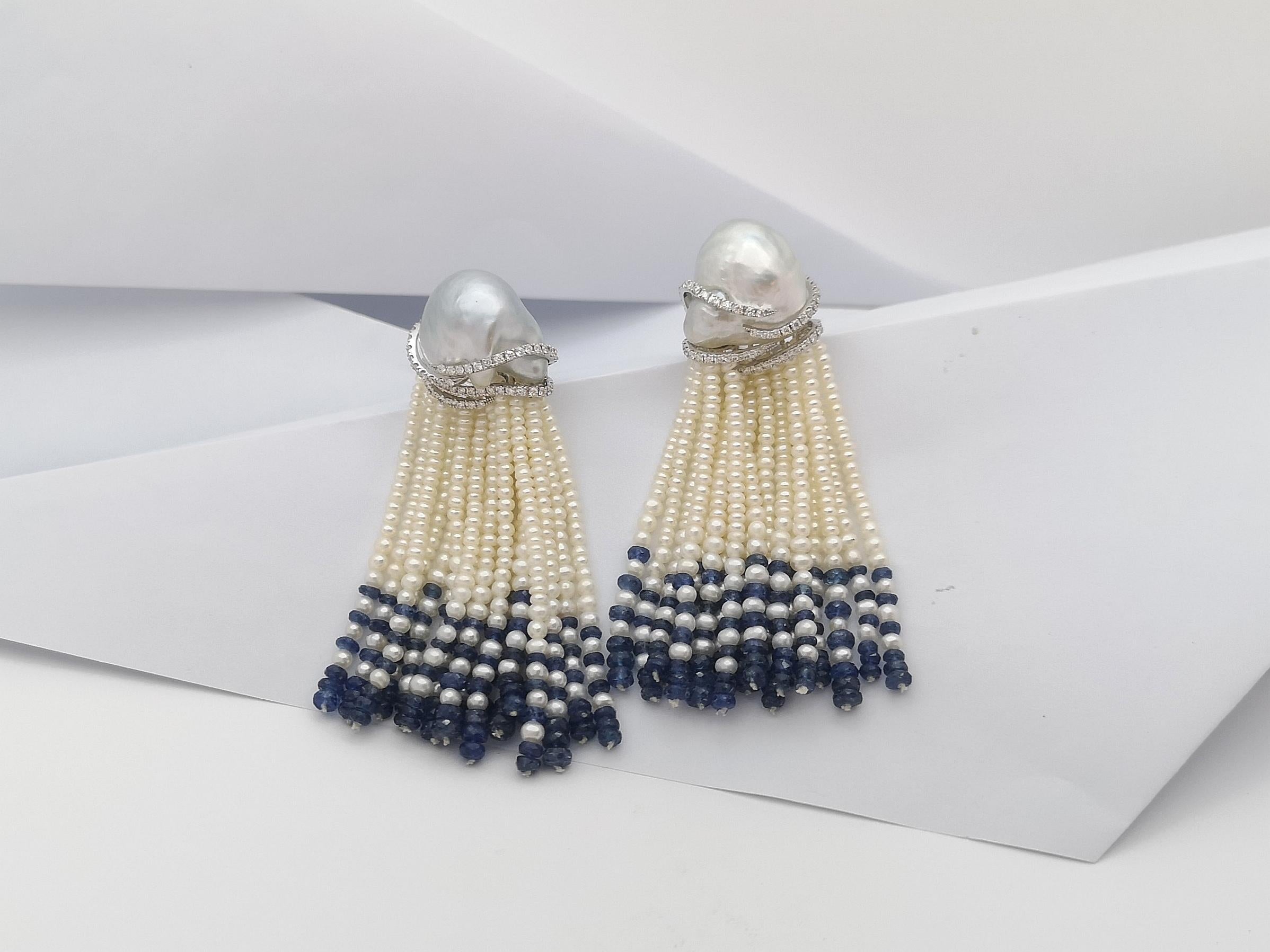 Pearl, Blue Sapphire Beads and Diamond Earrings in 18 Karat White Gold Settings For Sale 1