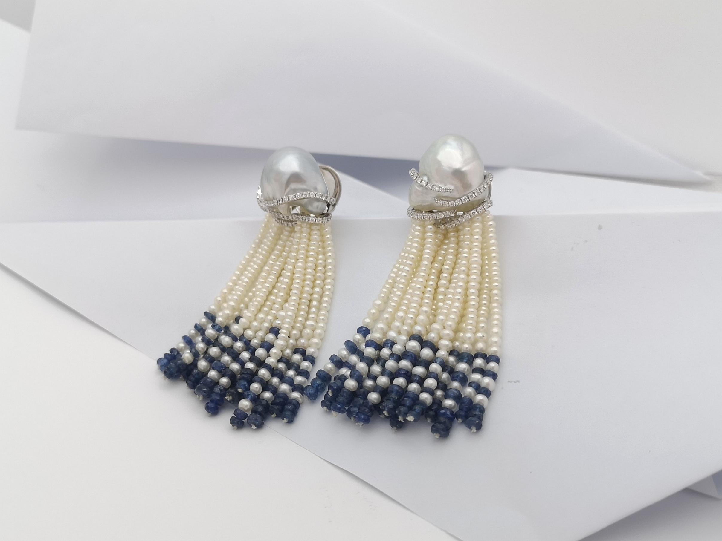 Pearl, Blue Sapphire Beads and Diamond Earrings in 18 Karat White Gold Settings For Sale 2
