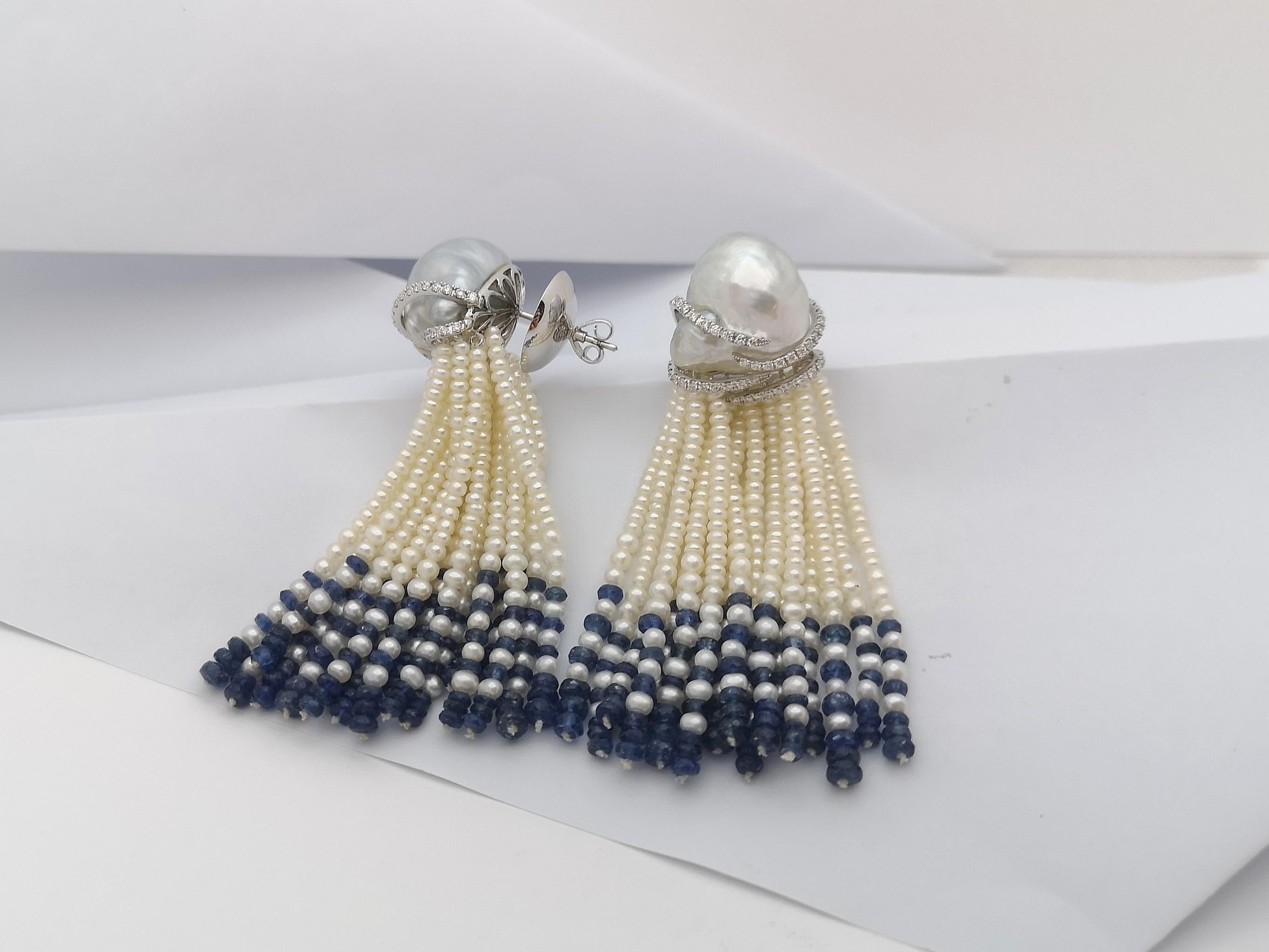 Pearl, Blue Sapphire Beads and Diamond Earrings in 18 Karat White Gold Settings For Sale 3