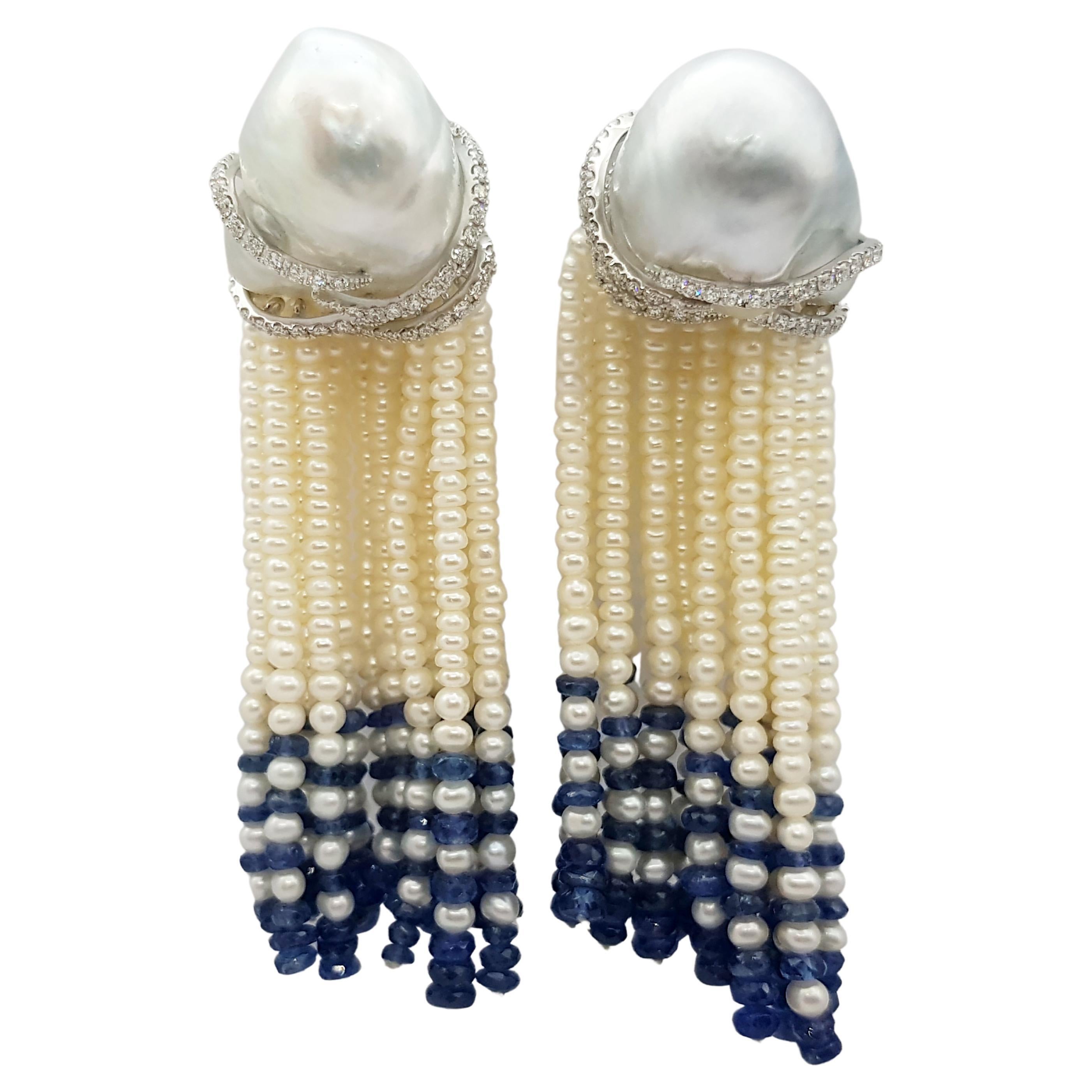 Pearl, Blue Sapphire Beads and Diamond Earrings in 18 Karat White Gold Settings For Sale