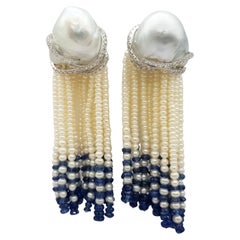 Pearl, Blue Sapphire Beads and Diamond Earrings in 18 Karat White Gold Settings
