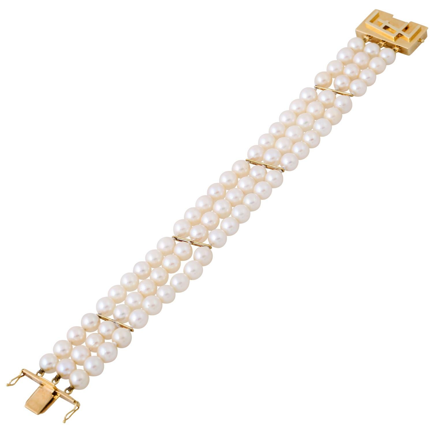 Modern Pearl Bracelet 3 Rows For Sale