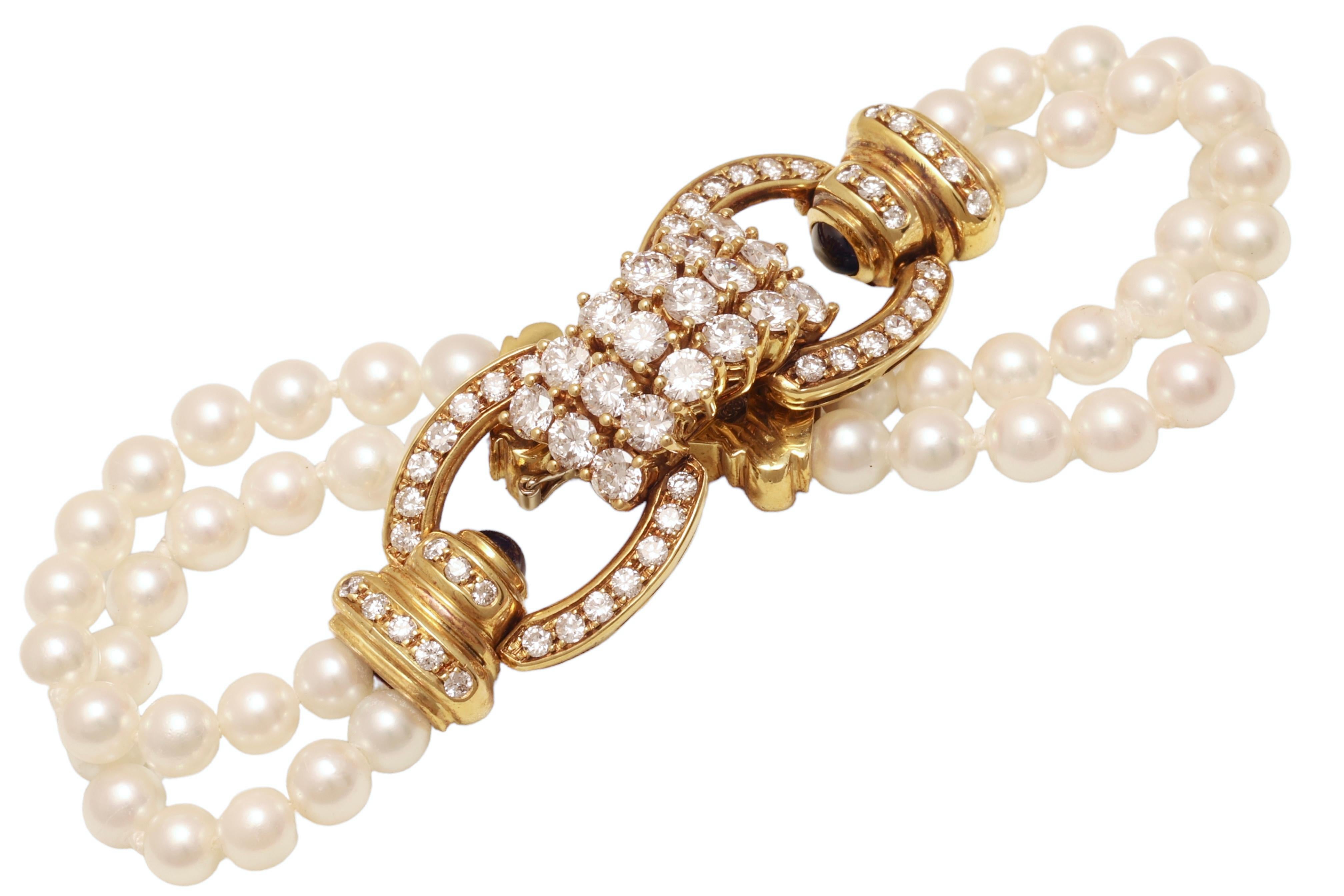 Bracelet de perles en or jaune 18 carats serti de 3,58 carats Diamants, perles et saphirs en vente 4