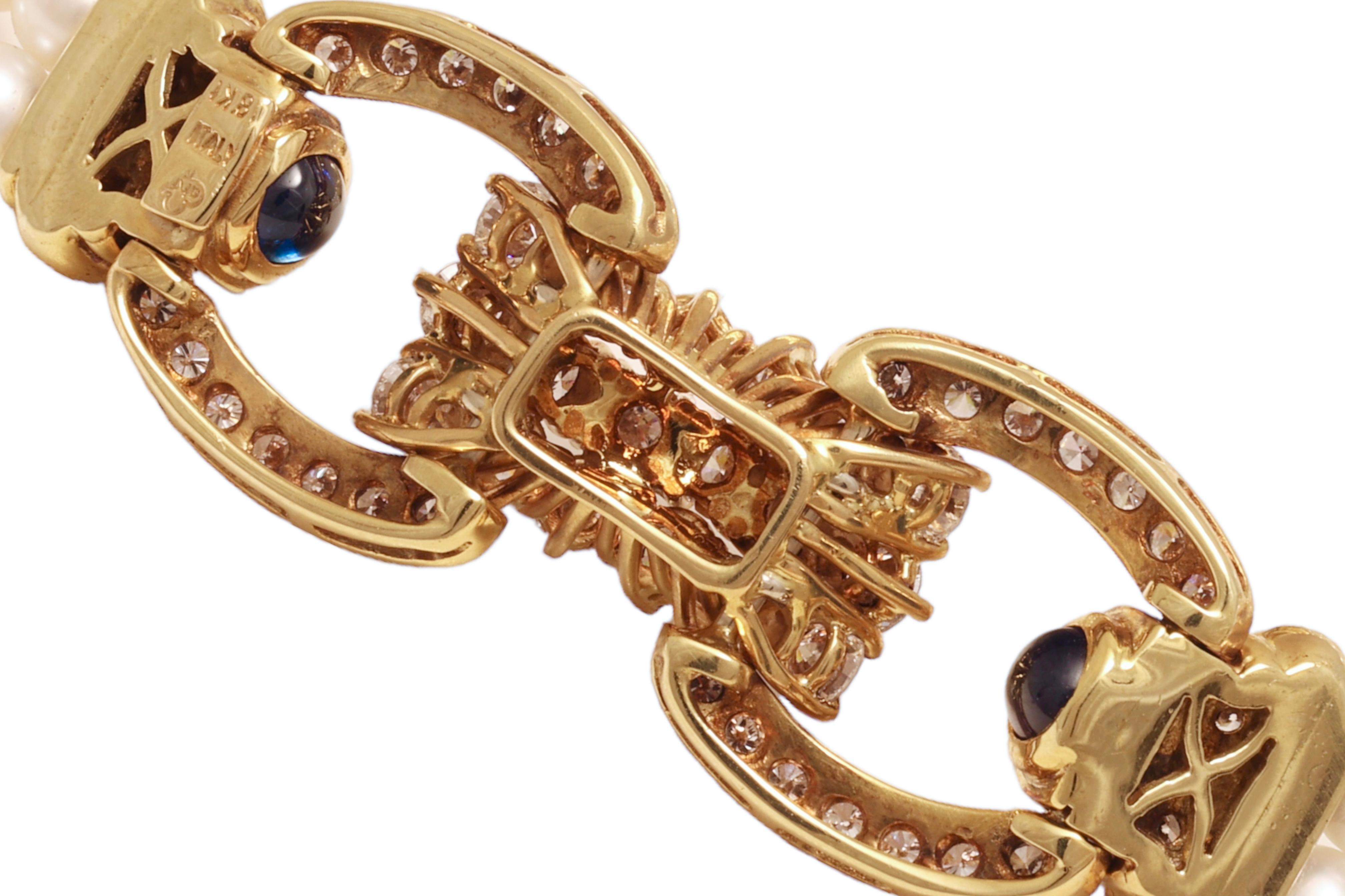 Bracelet de perles en or jaune 18 carats serti de 3,58 carats Diamants, perles et saphirs en vente 5