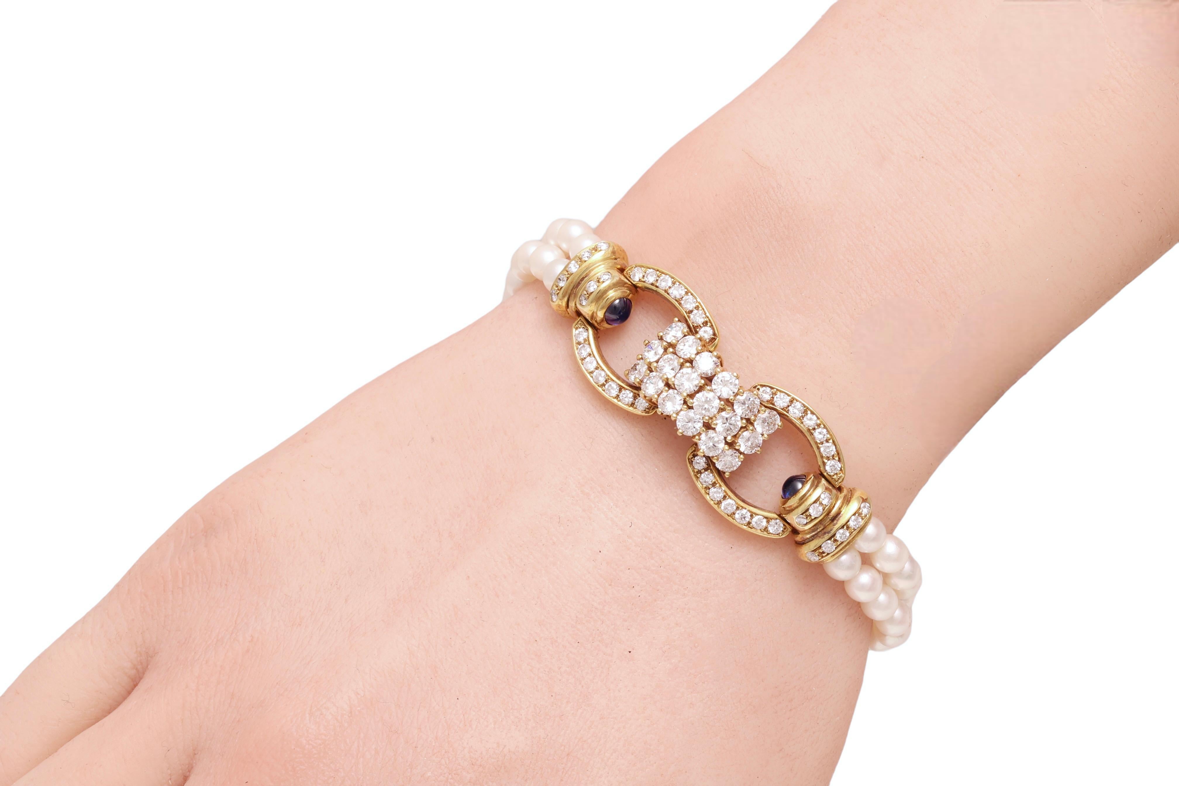 Bracelet de perles en or jaune 18 carats serti de 3,58 carats Diamants, perles et saphirs en vente 6