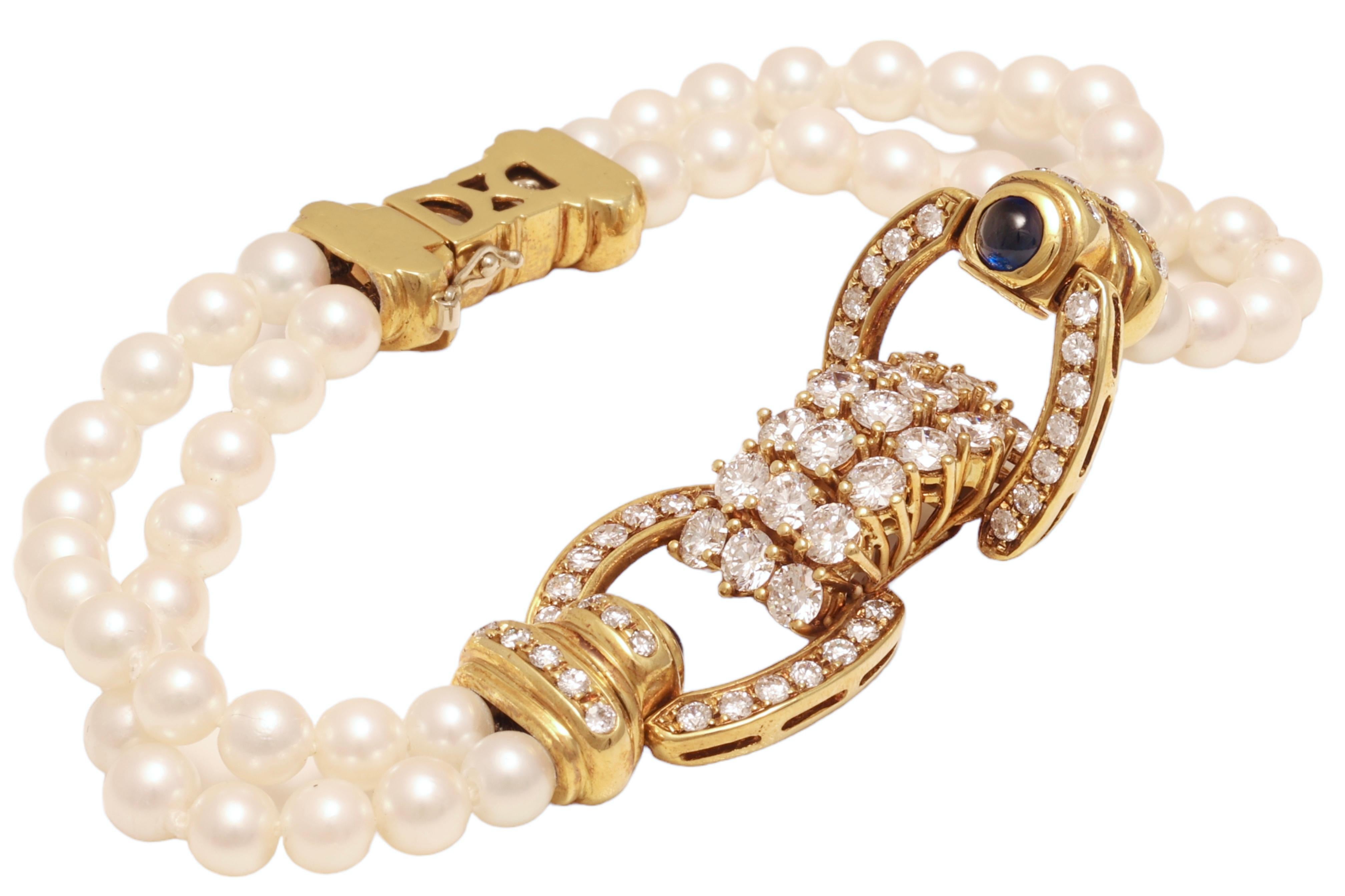 Artisan Bracelet de perles en or jaune 18 carats serti de 3,58 carats Diamants, perles et saphirs en vente