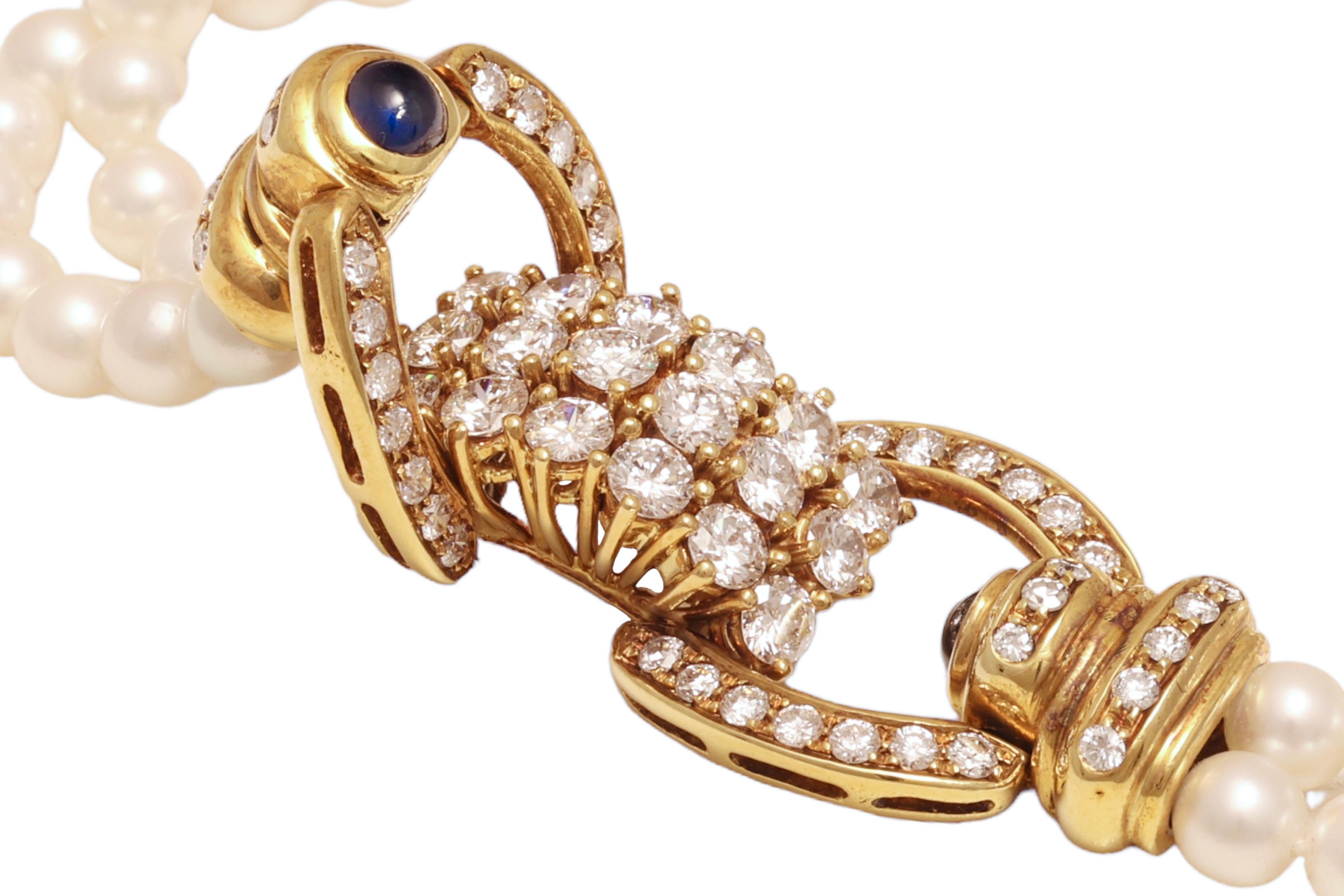 Taille brillant Bracelet de perles en or jaune 18 carats serti de 3,58 carats Diamants, perles et saphirs en vente