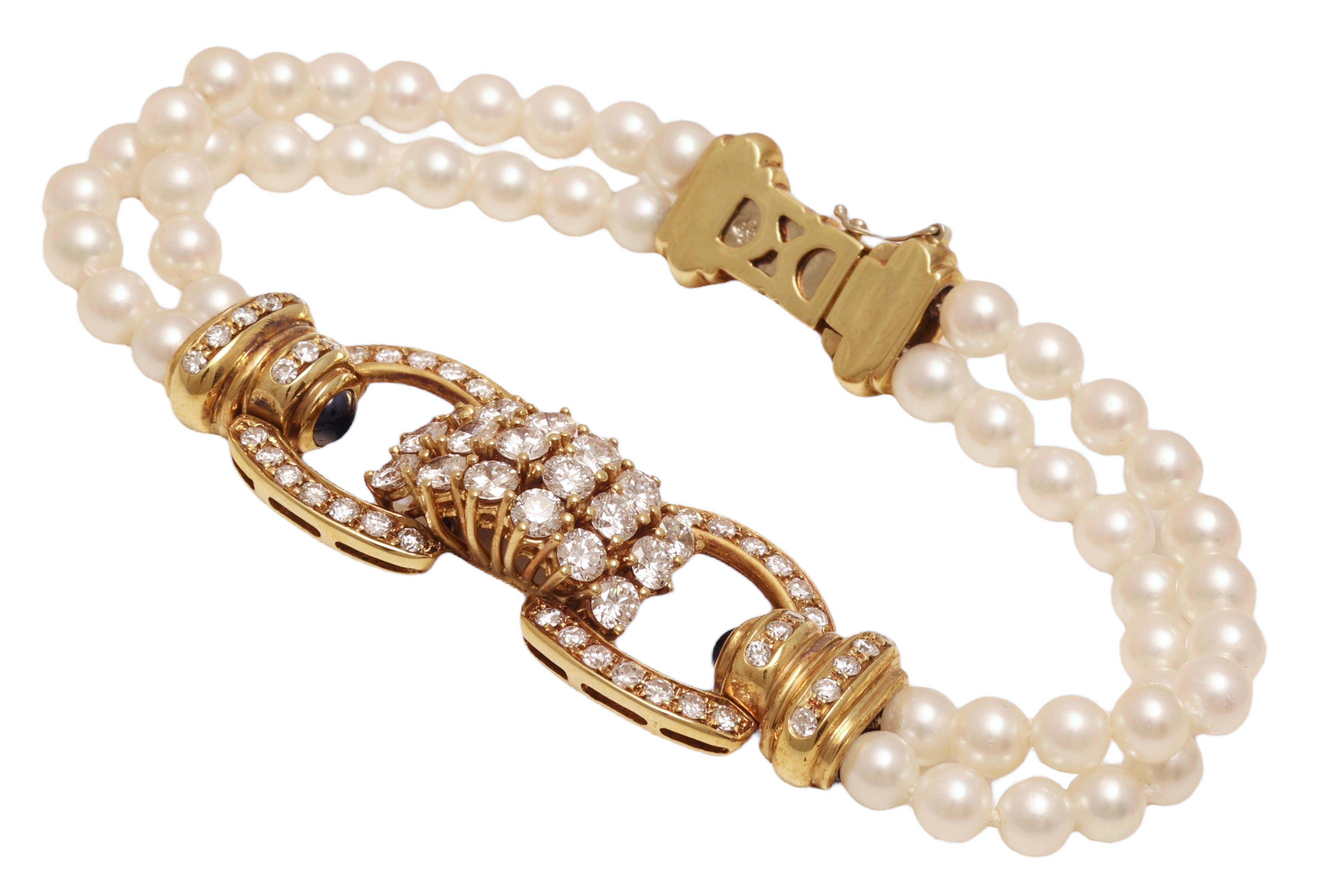 Bracelet de perles en or jaune 18 carats serti de 3,58 carats Diamants, perles et saphirs en vente 1