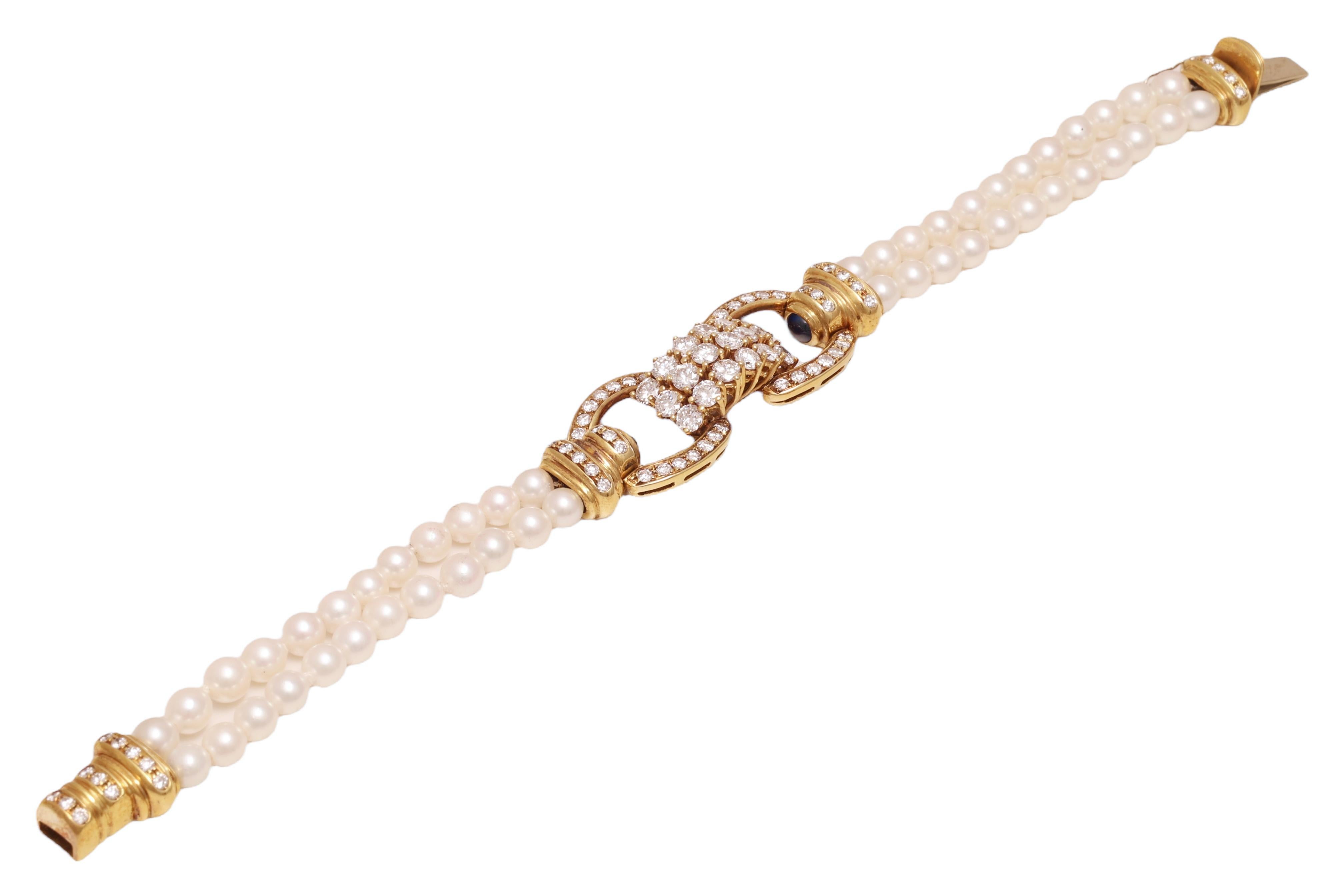 Pearl Bracelet in 18kt Yellow Gold Set With 3.58ct. Diamonds, Pearls & Sapphires For Sale 2