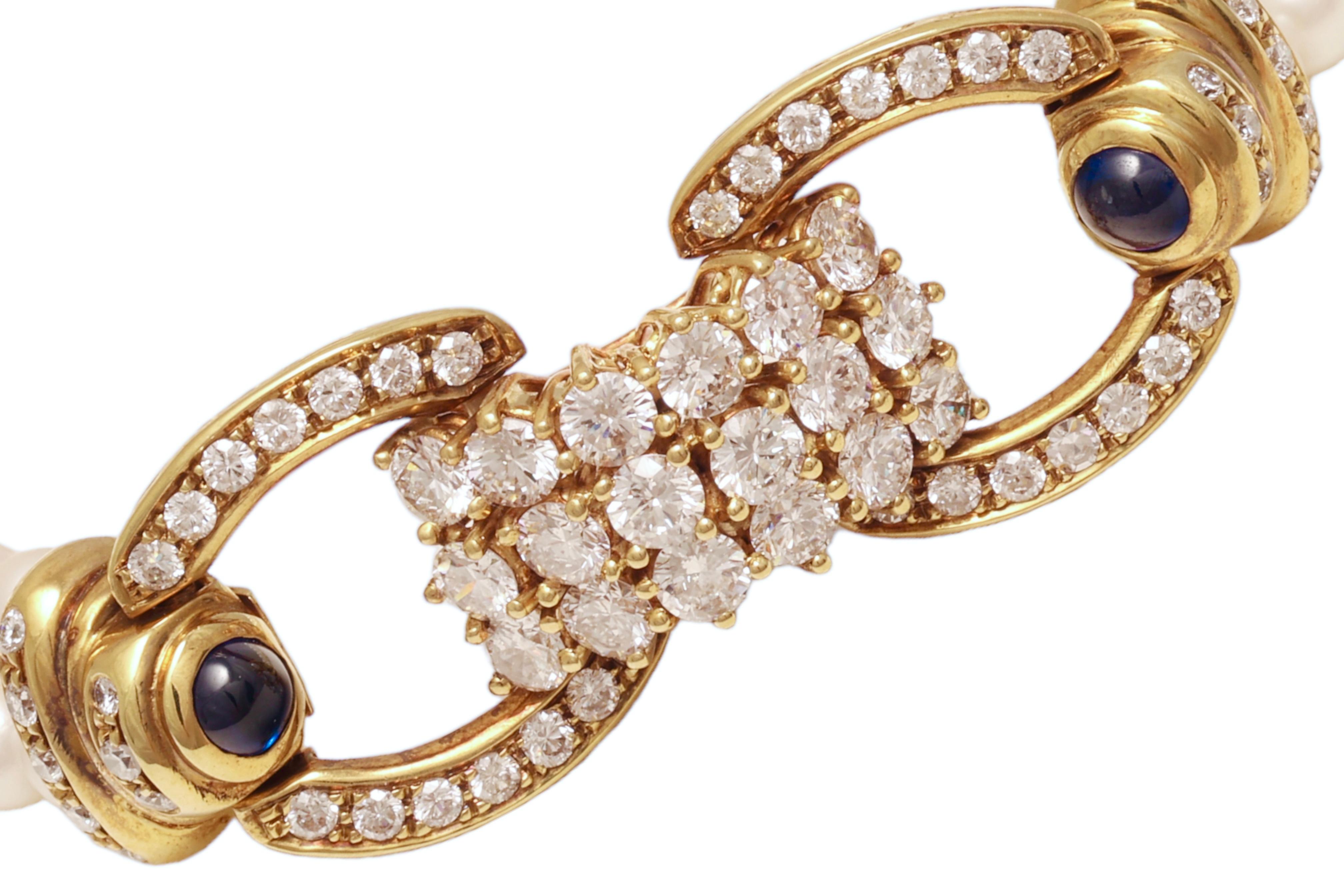 Bracelet de perles en or jaune 18 carats serti de 3,58 carats Diamants, perles et saphirs en vente 3