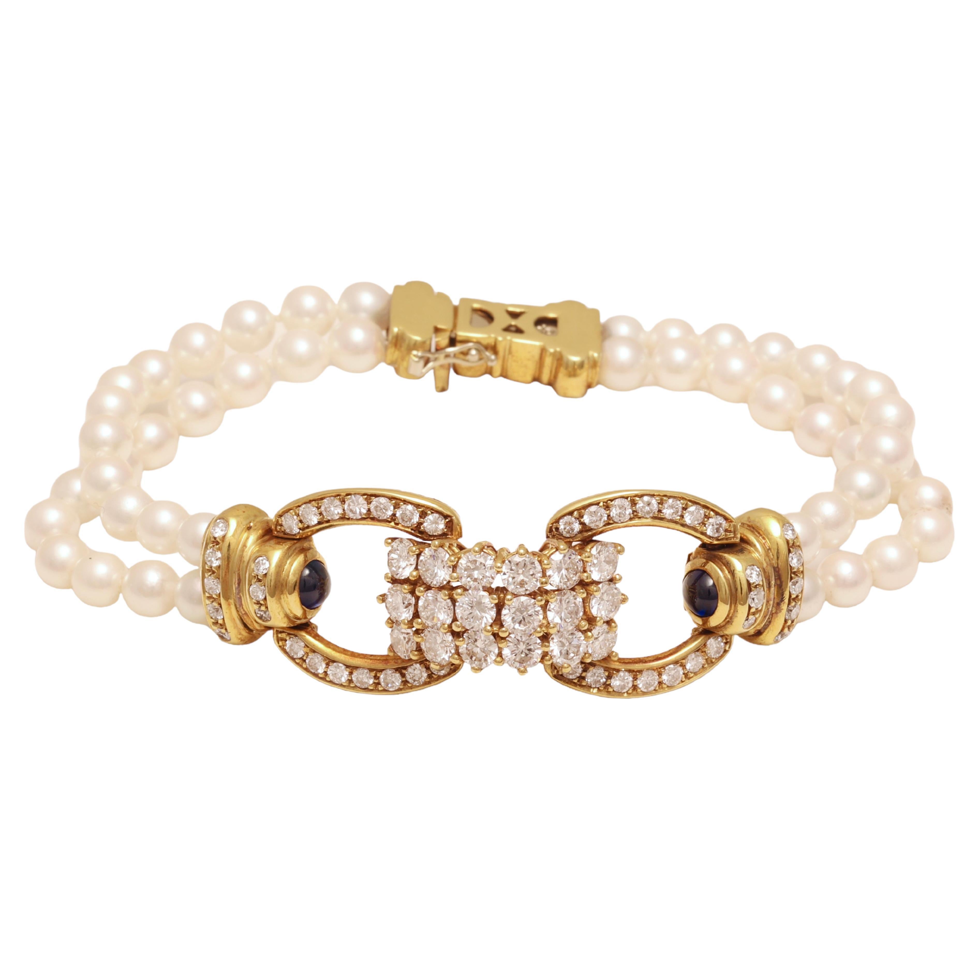 Bracelet de perles en or jaune 18 carats serti de 3,58 carats Diamants, perles et saphirs en vente