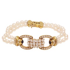 Retro Pearl Bracelet in 18kt Yellow Gold Set With 3.58ct. Diamonds, Pearls & Sapphires