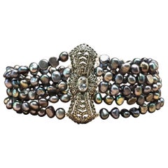 Pearl Bracelet Silver Antique Art Deco Ornament Aquamarine