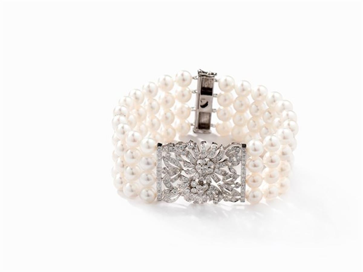 Pearl Bracelet with Diamonds, 18 Carat White Gold 2