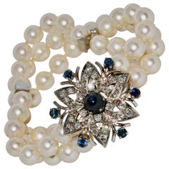 Pearl Bracelet with Large White Gold Clasp, Set with Sapphires and Diamonds