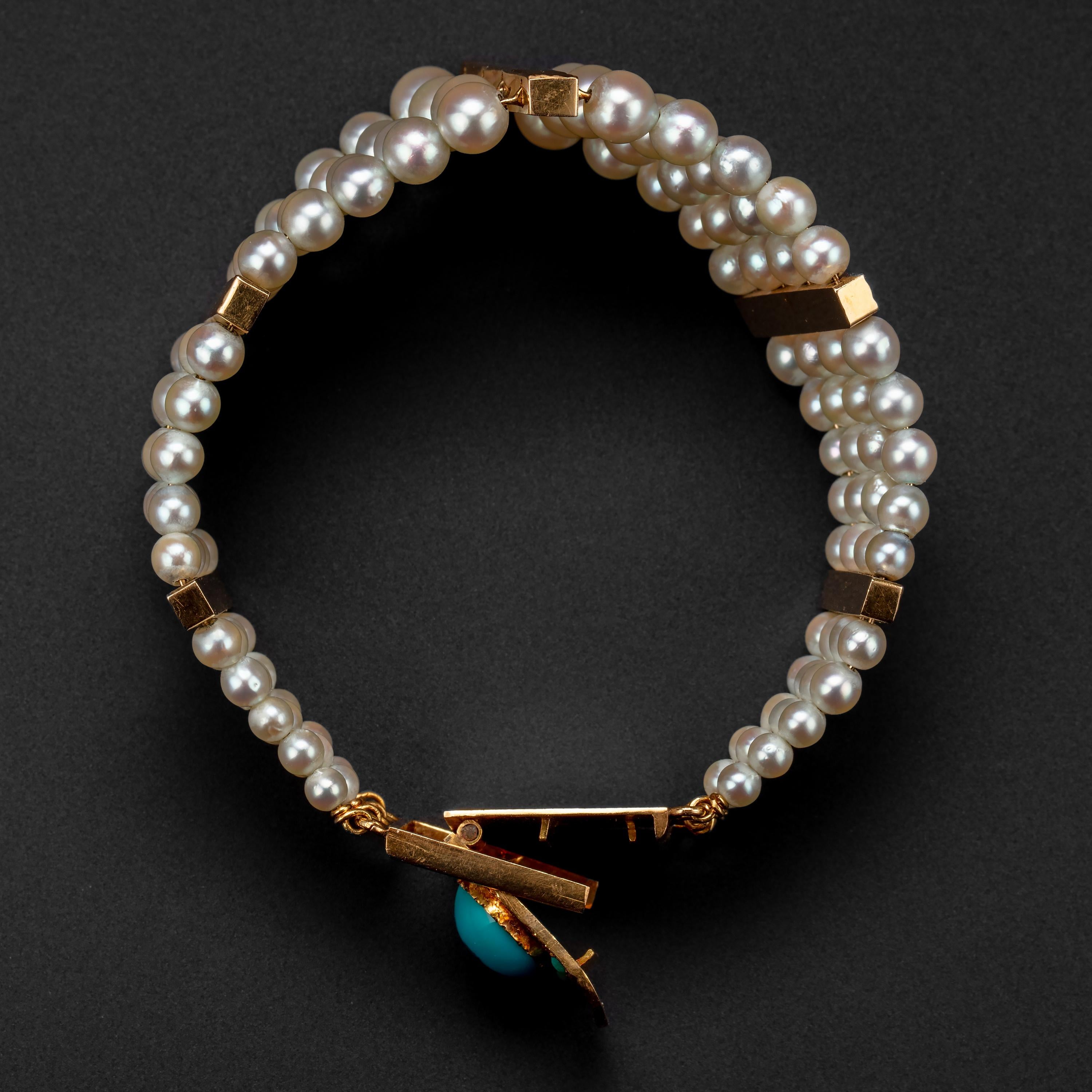 Modern Pearl Bracelet with Turquoise Clasp Midcentury