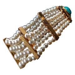 Pearl Bracelet with Turquoise Clasp Midcentury