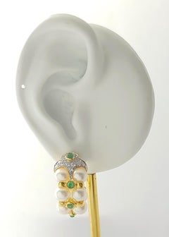 Pearl, Cabochon Emerald and Diamond Earrings set in 18K Gold Settings