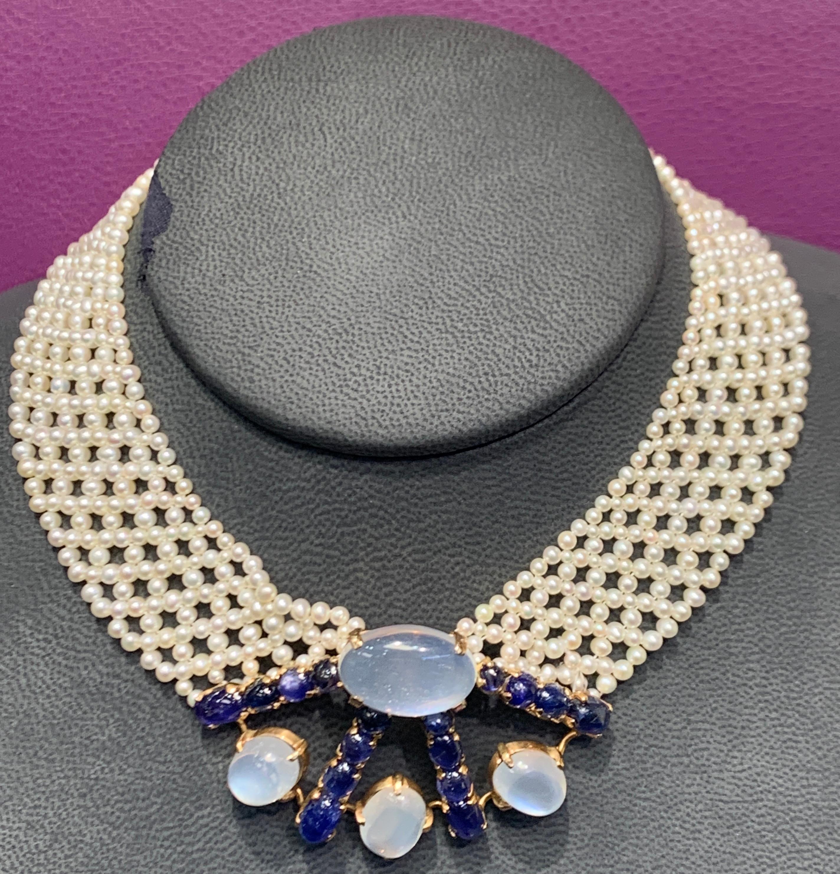  Cultured Pearl & Cabochon Gem Choker 
16 cabochon blue sapphires, & 4 cabochon moon stone
Necklace Measurements: 13