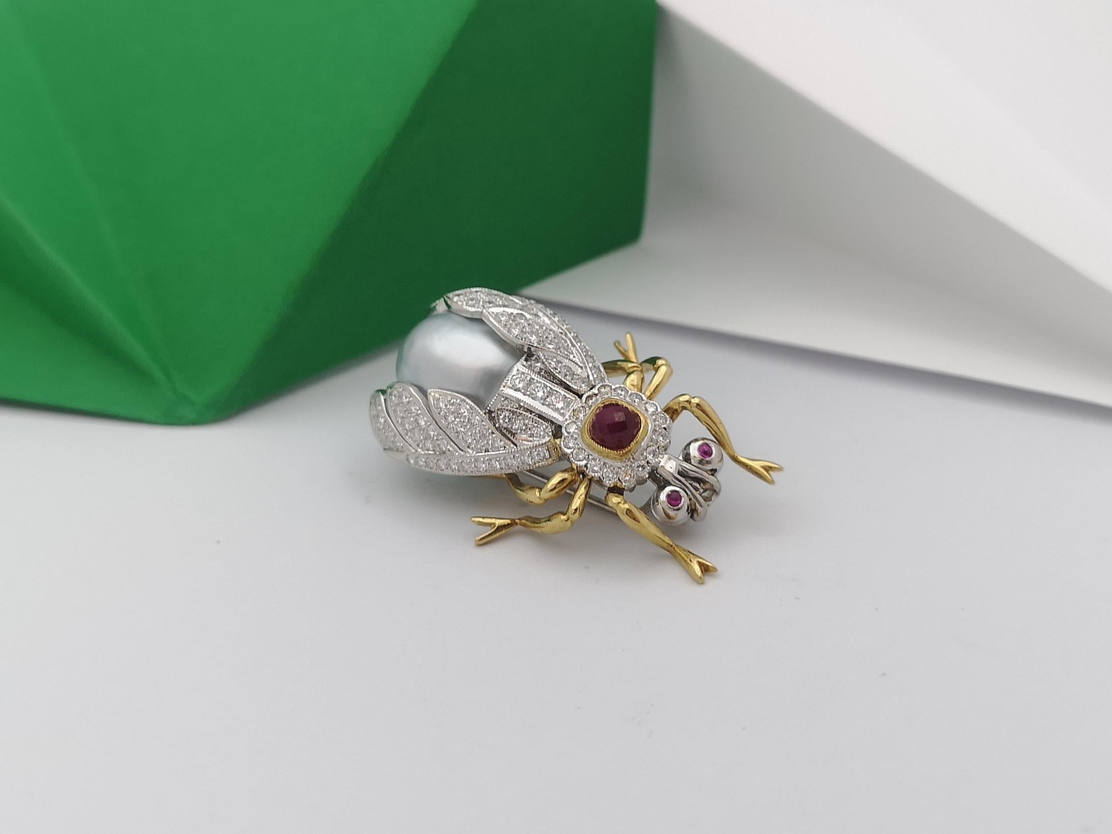 Pearl, Cabochon Ruby, Diamond Bee Brooch Set in 18 Karat White Gold Settings For Sale 6