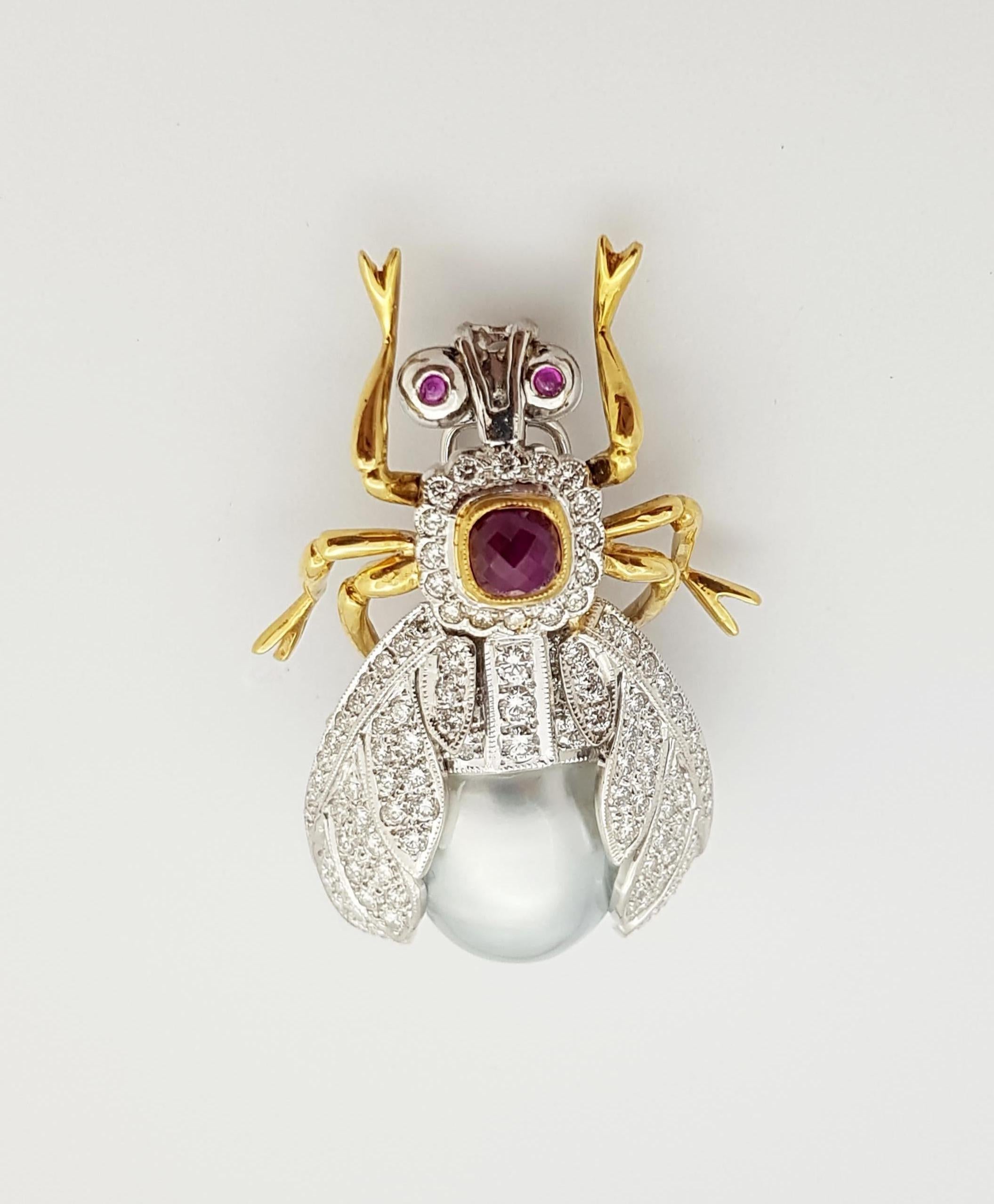Mixed Cut Pearl, Cabochon Ruby, Diamond Bee Brooch Set in 18 Karat White Gold Settings For Sale