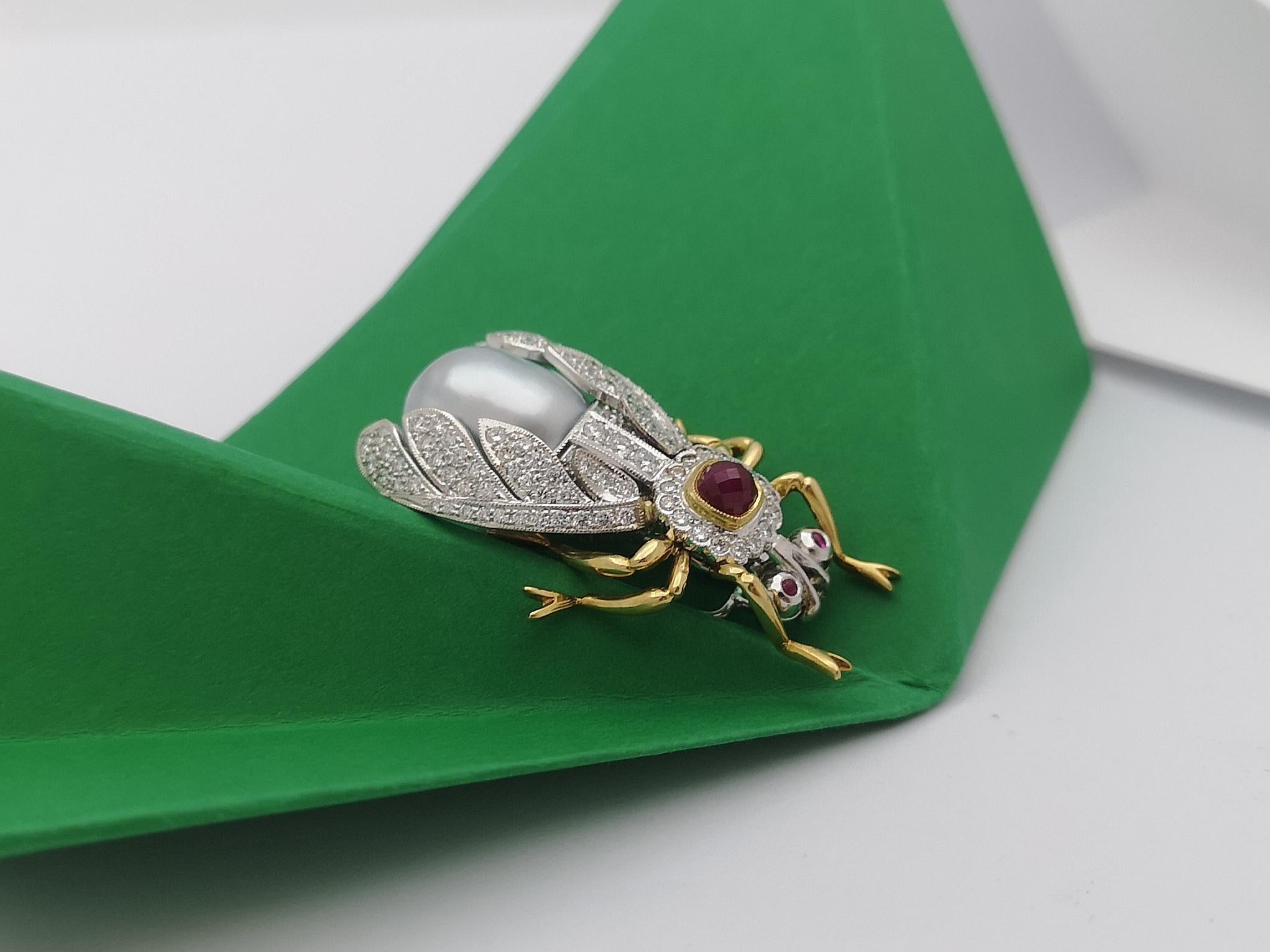 Pearl, Cabochon Ruby, Diamond Bee Brooch Set in 18 Karat White Gold Settings For Sale 2