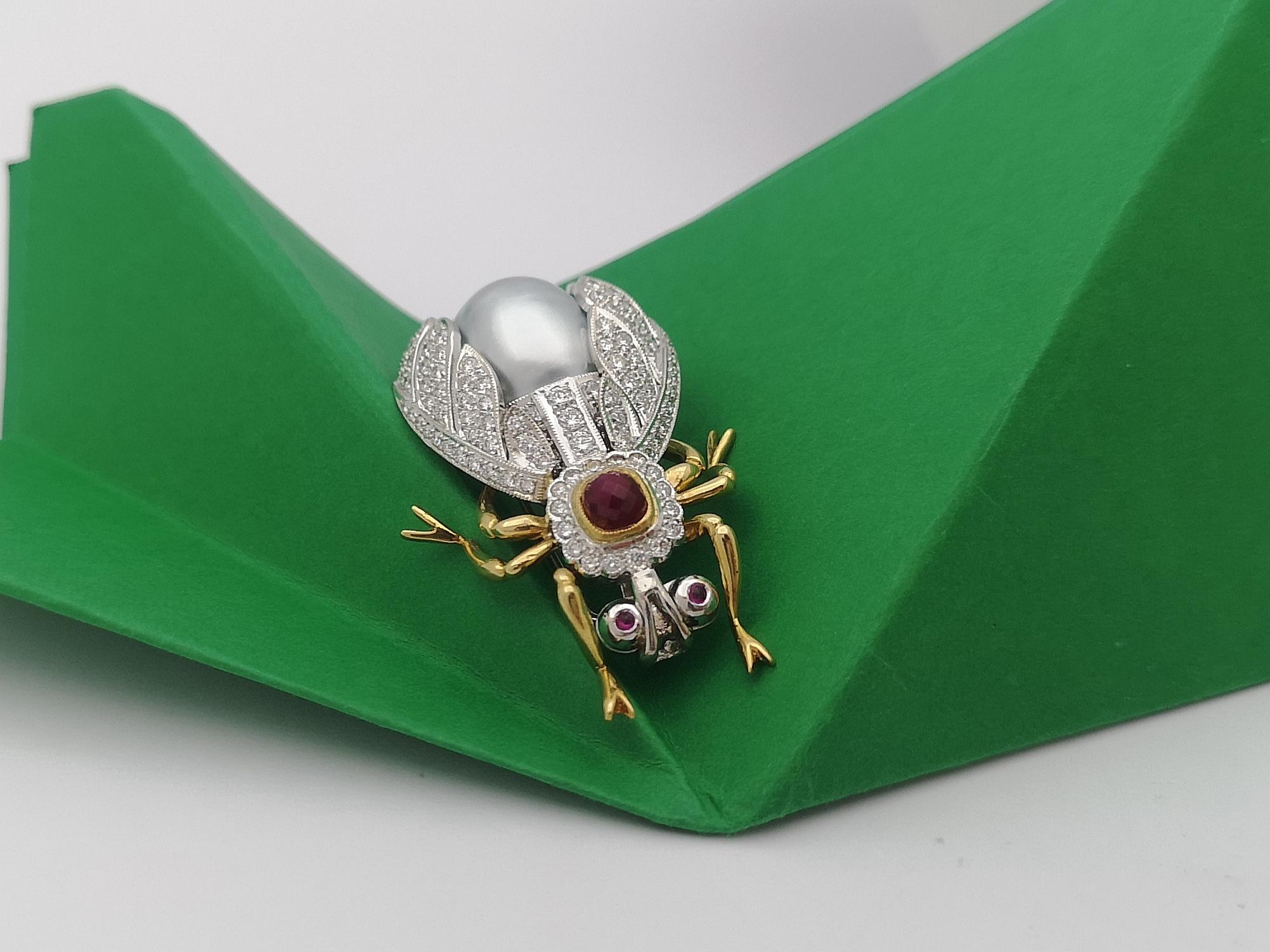 Pearl, Cabochon Ruby, Diamond Bee Brooch Set in 18 Karat White Gold Settings For Sale 3