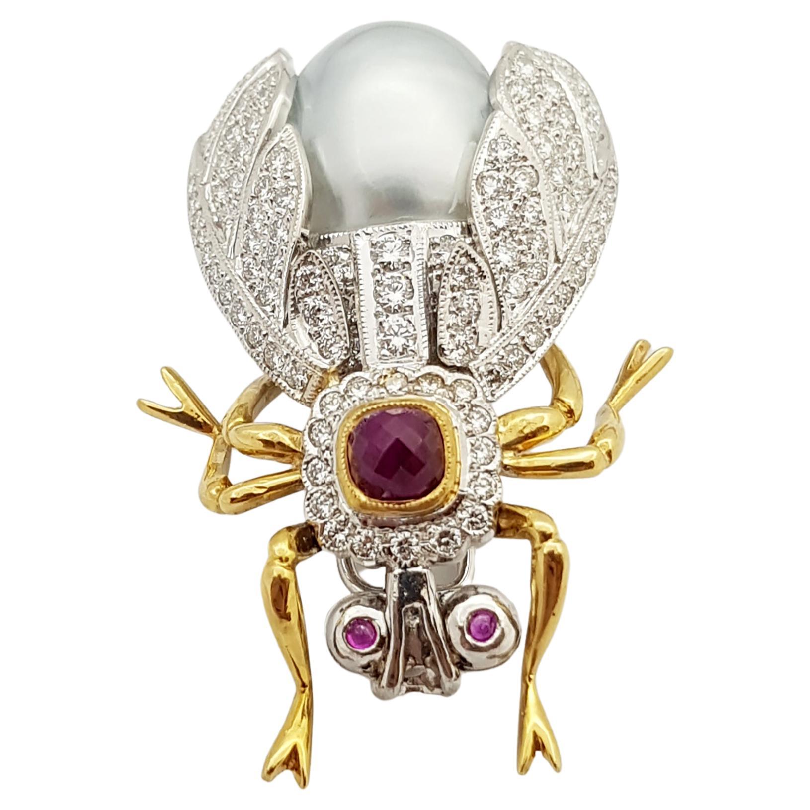 Pearl, Cabochon Ruby, Diamond Bee Brooch Set in 18 Karat White Gold Settings For Sale