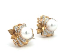 Pearl Center and Diamond Petal Flower Earrings 18K Yellow Gold