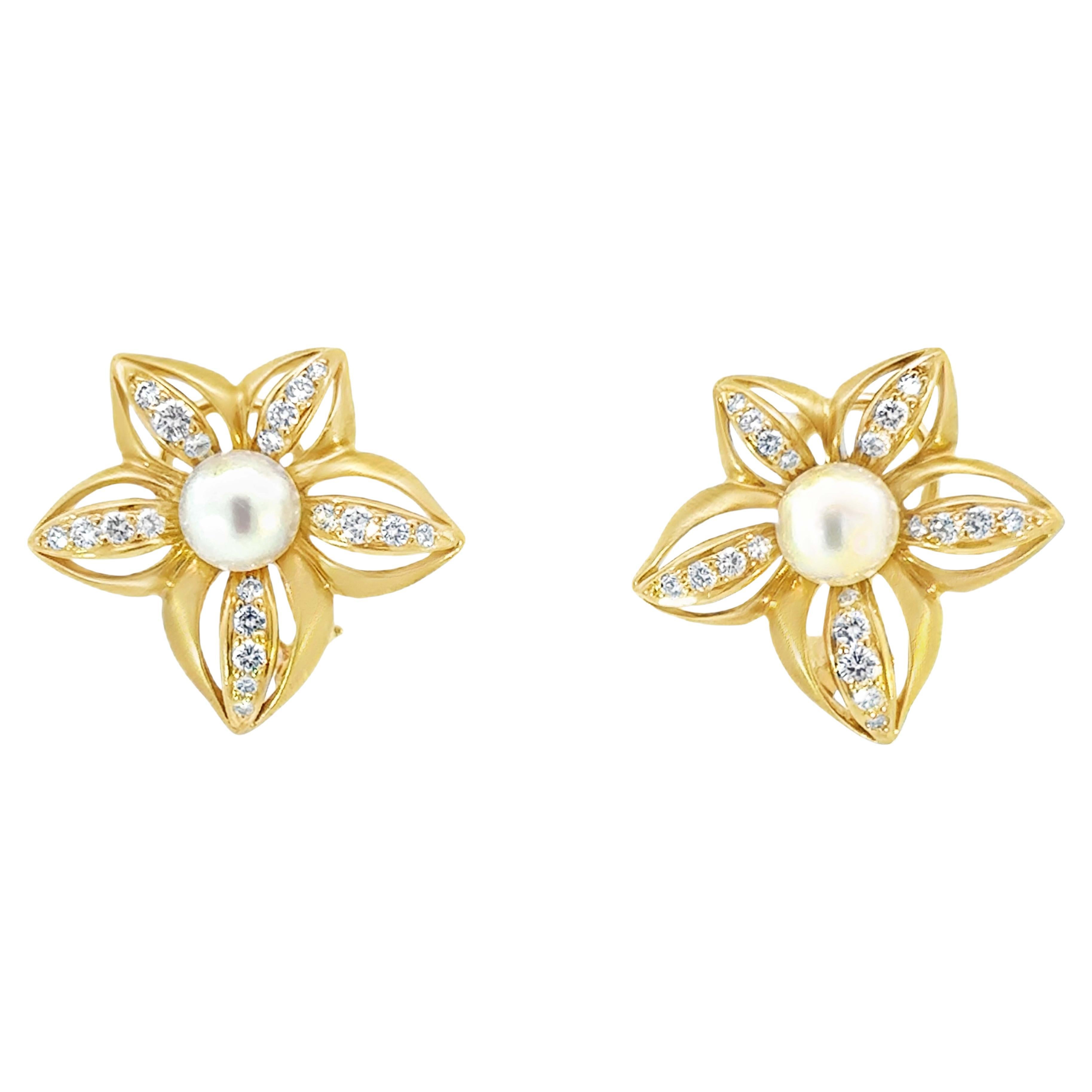 Pearl Center and Diamond Petal Flower Earrings in 18K Satin Yellow Gold