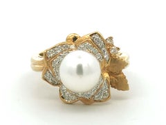 Pearl Center and Diamond Petal Flower Ring 18K Yellow Gold