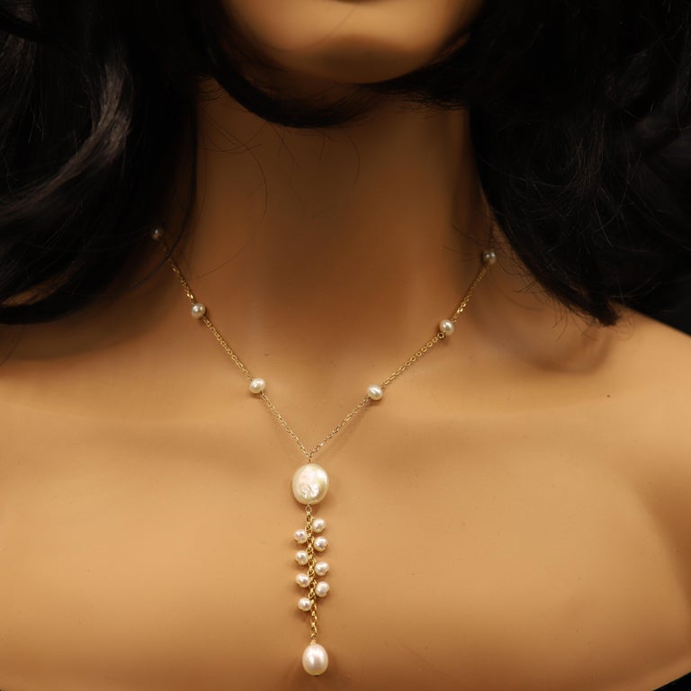 Pearl Chain Necklace 14 Karat Yellow Gold Dangle Pearl Necklace 16 For Sale at 1stDibs
