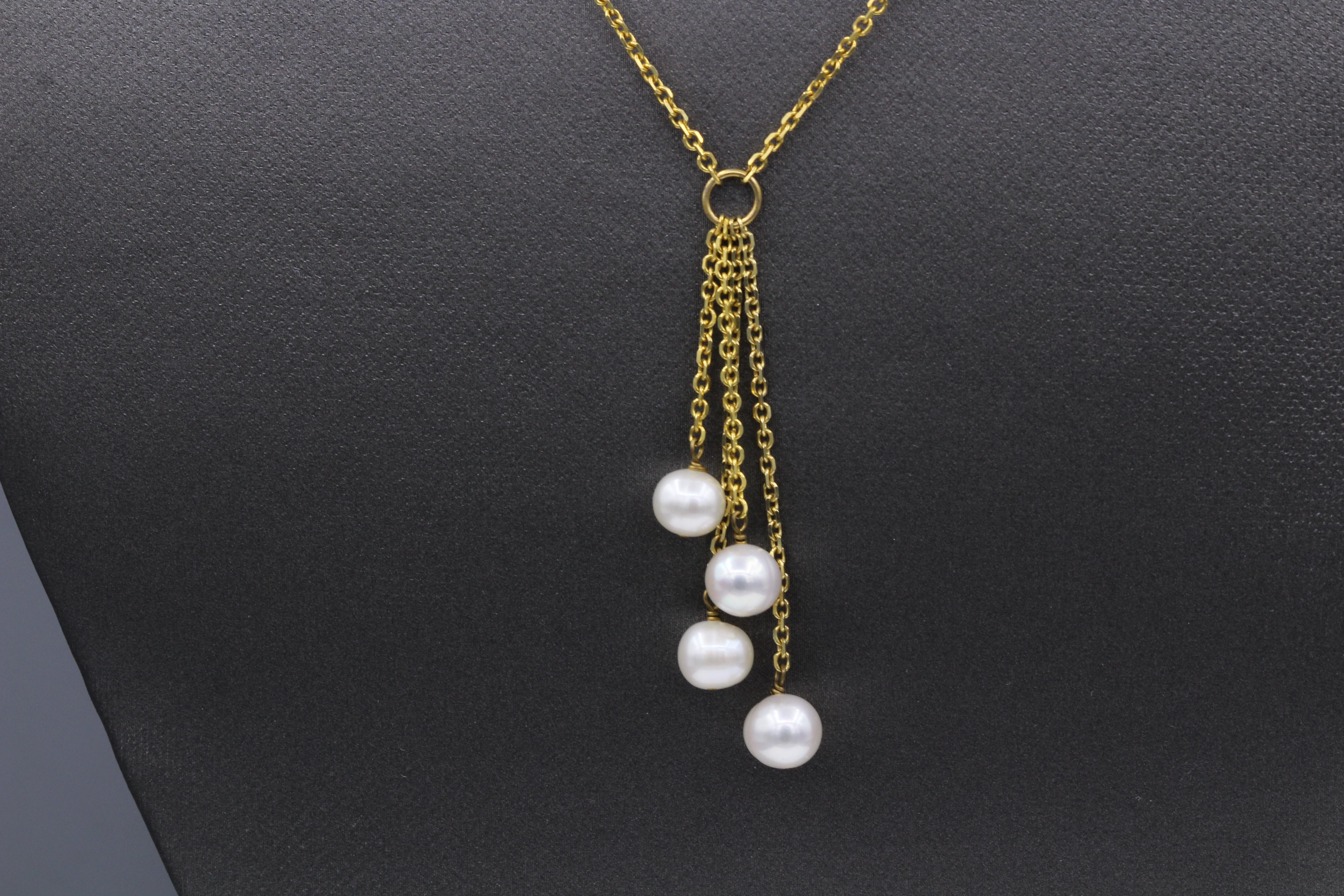 Elegant Dangling Pearls Necklace
Chain: Cable Style 14k Yellow Gold
Length 16’ Inch
Dangle Length approx. 2’ Inch
Fresh water pearls approx. 5.0 mm
Spring Ring Lock
Total Weight 7.50 grams


