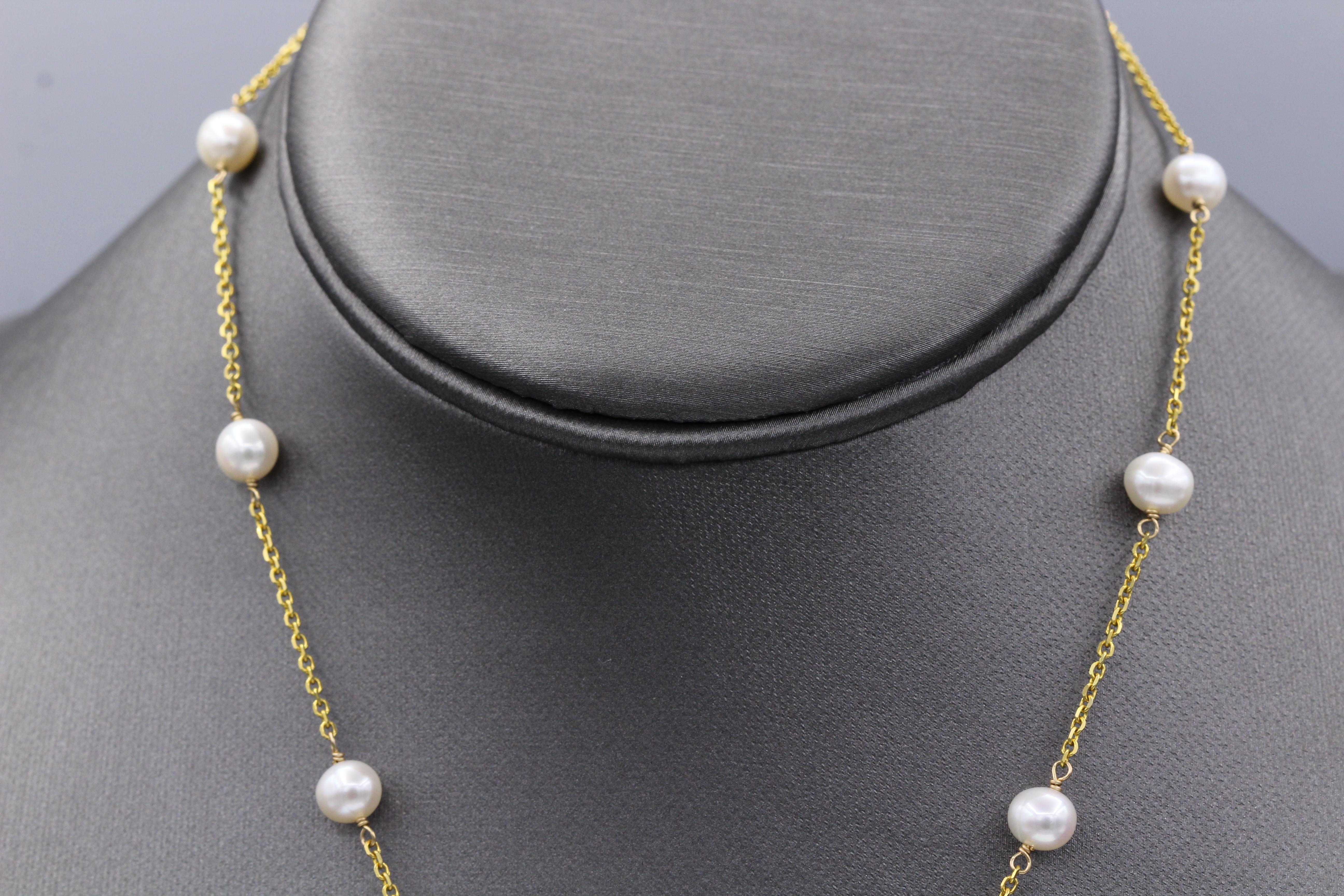 Perlenkette 14 Karat Gelbgold Perlenkette mit Perlen-Halskette im Zustand „Neu“ im Angebot in Brooklyn, NY