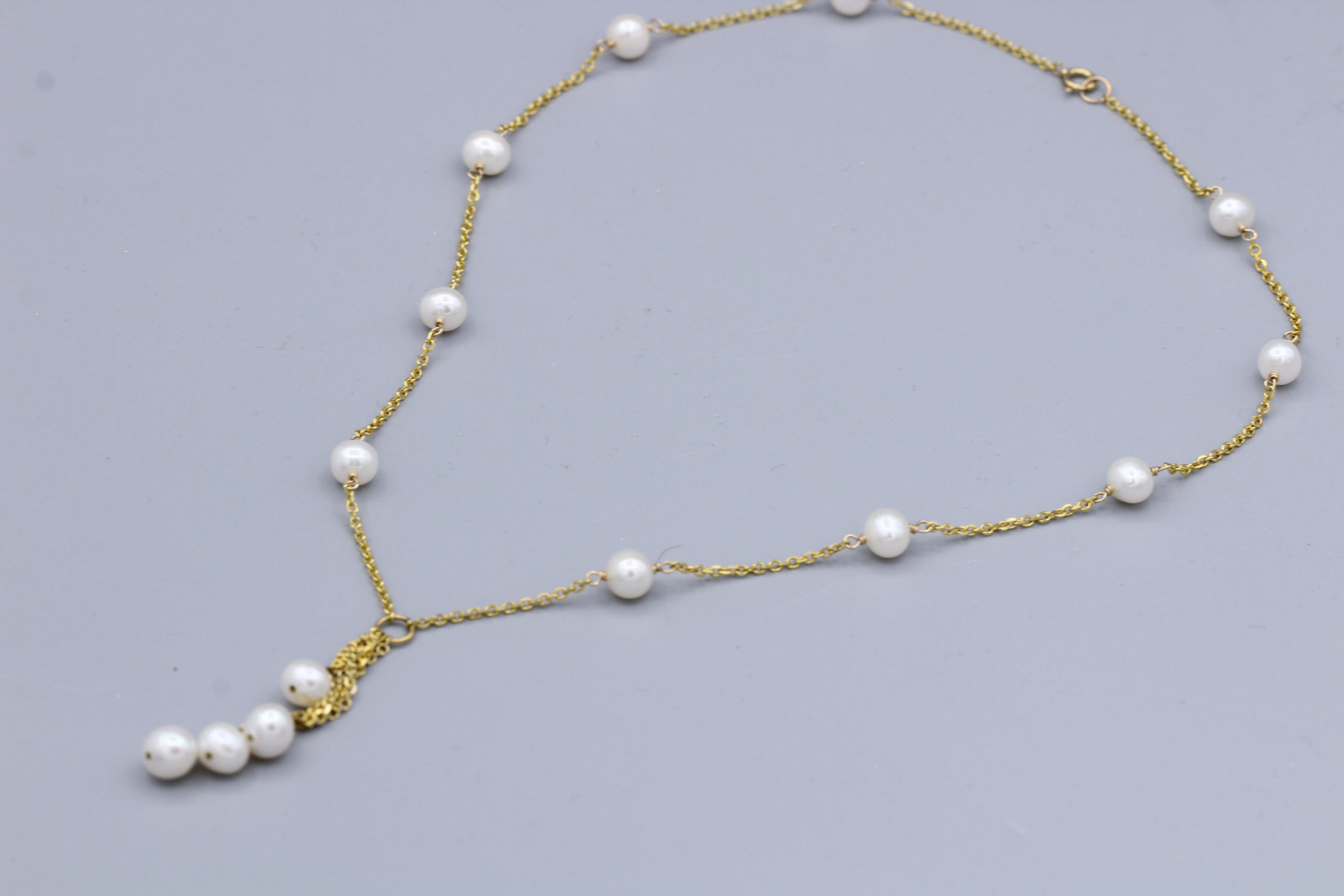 Round Cut Pearl Chain Necklace 14 Karat Yellow Gold Dangle Pearl Necklace For Sale