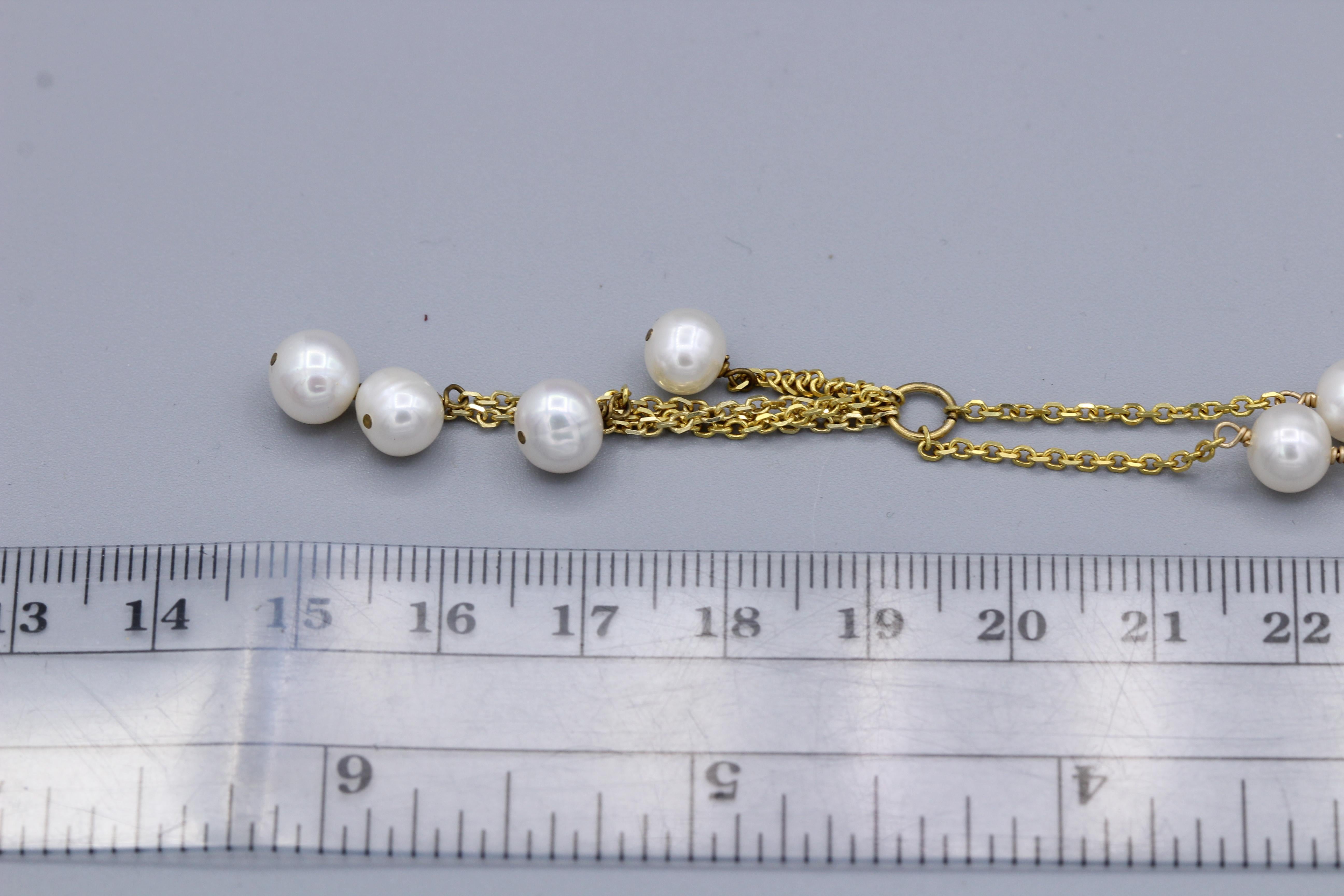 Pearl Chain Necklace 14 Karat Yellow Gold Dangle Pearl Necklace In New Condition For Sale In Brooklyn, NY