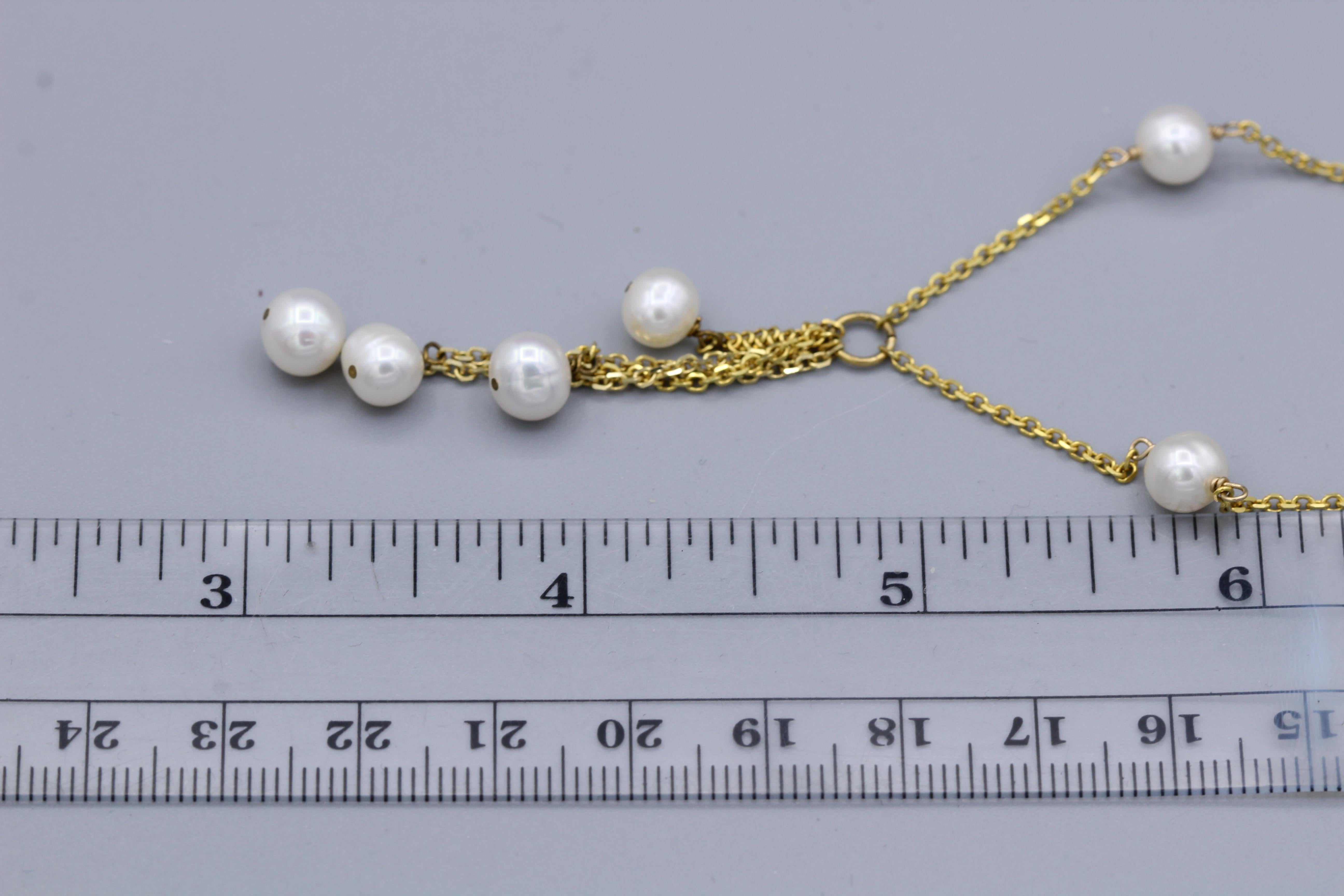 Women's Pearl Chain Necklace 14 Karat Yellow Gold Dangle Pearl Necklace For Sale