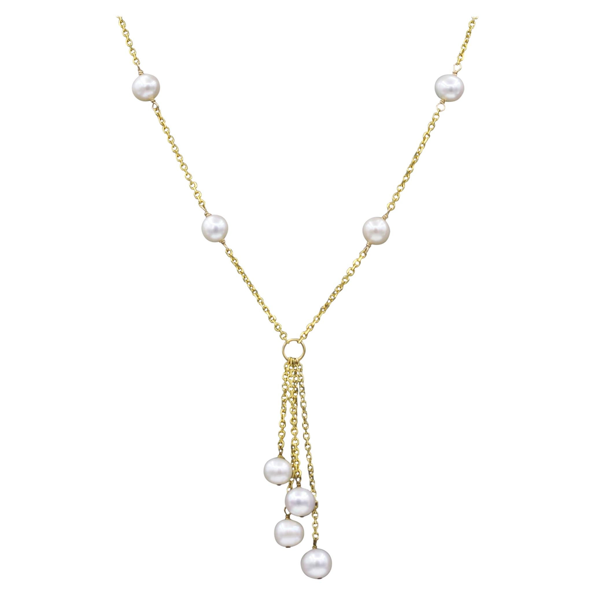 Pearl Chain Necklace 14 Karat Yellow Gold Dangle Pearl Necklace For Sale