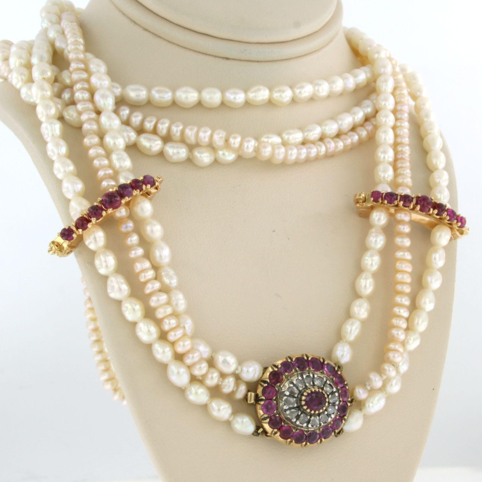 Early Victorian Pearl chain with lock set with ruby and diamonds 18k yellow gold and silver For Sale