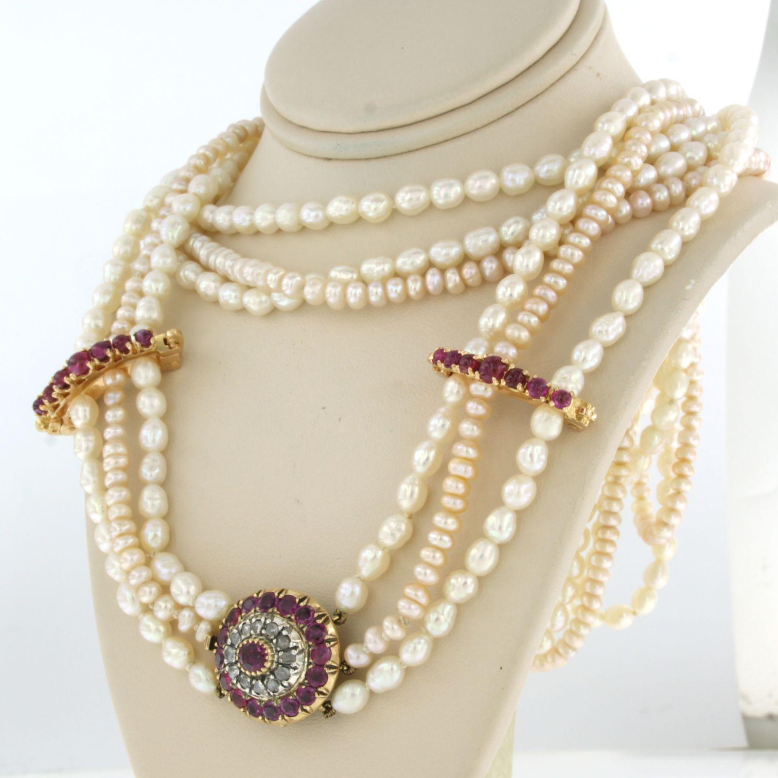 Rose Cut Pearl chain with lock set with ruby and diamonds 18k yellow gold and silver For Sale