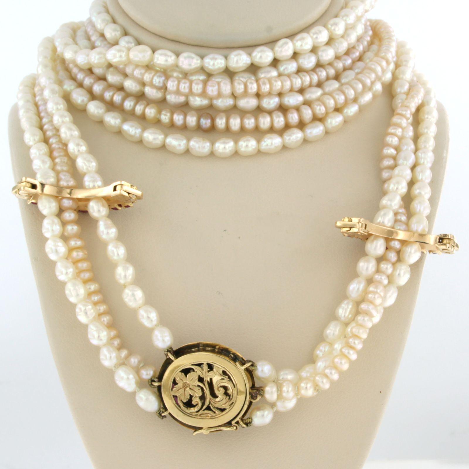 Pearl chain with lock set with ruby and diamonds 18k yellow gold and silver For Sale 1