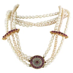 Antique Pearl chain with lock set with ruby and diamonds 18k yellow gold and silver