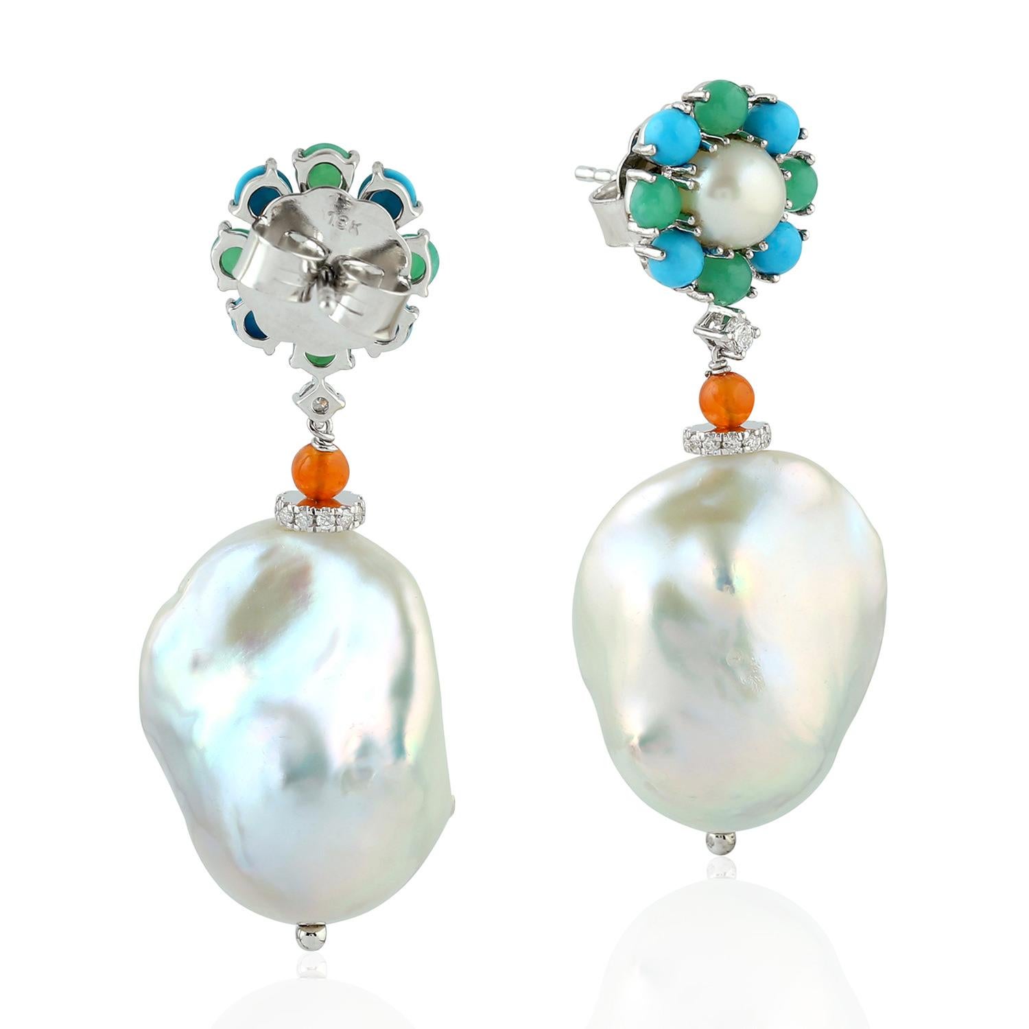 Modern Pearl Chalcedony Diamond 18 Karat Gold Floral Earrings For Sale