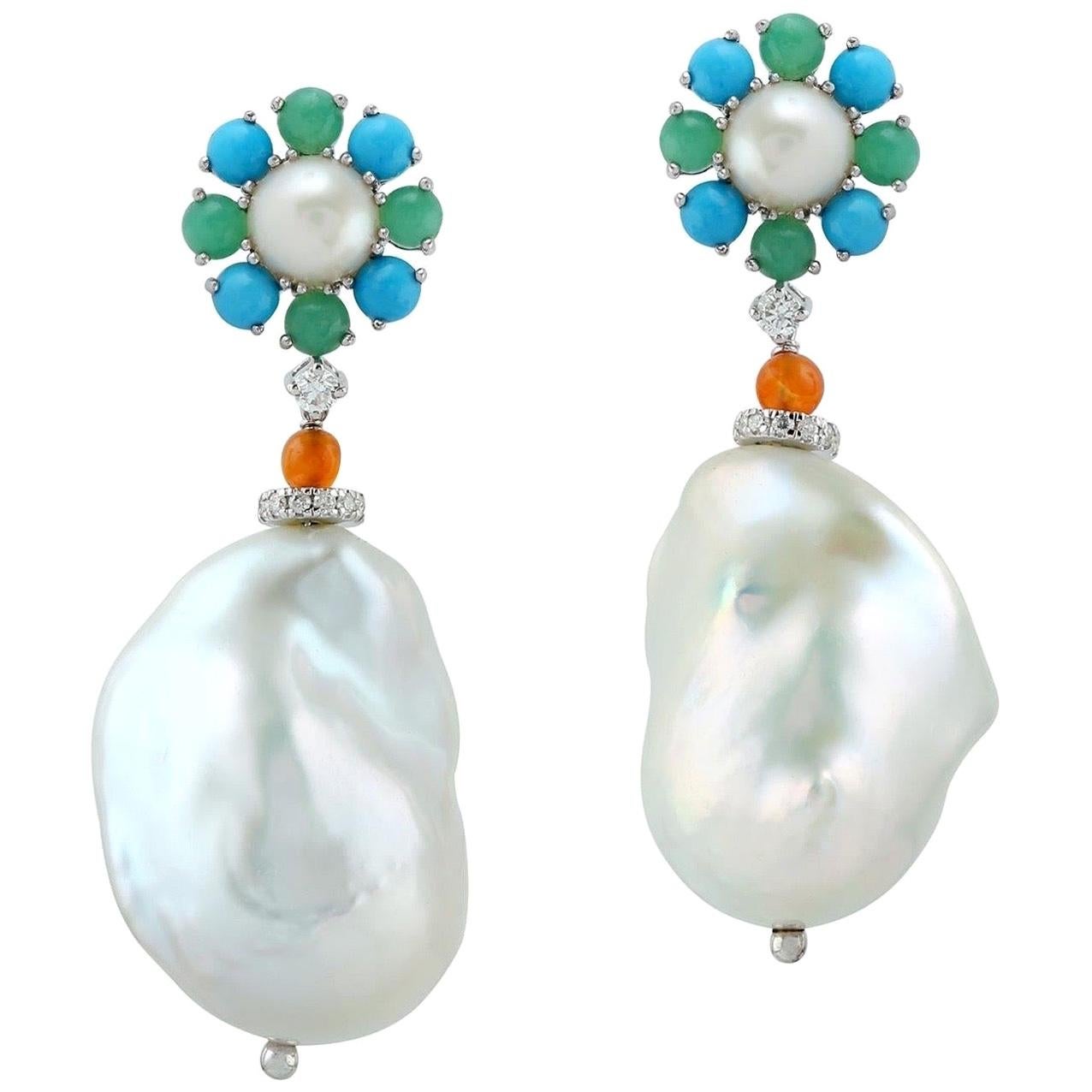 Pearl Chalcedony Diamond 18 Karat Gold Floral Earrings For Sale