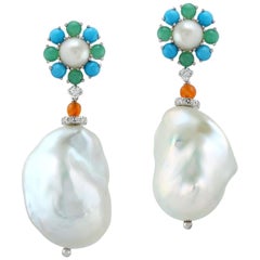 Pearl Chalcedony Diamond 18 Karat Gold Floral Earrings