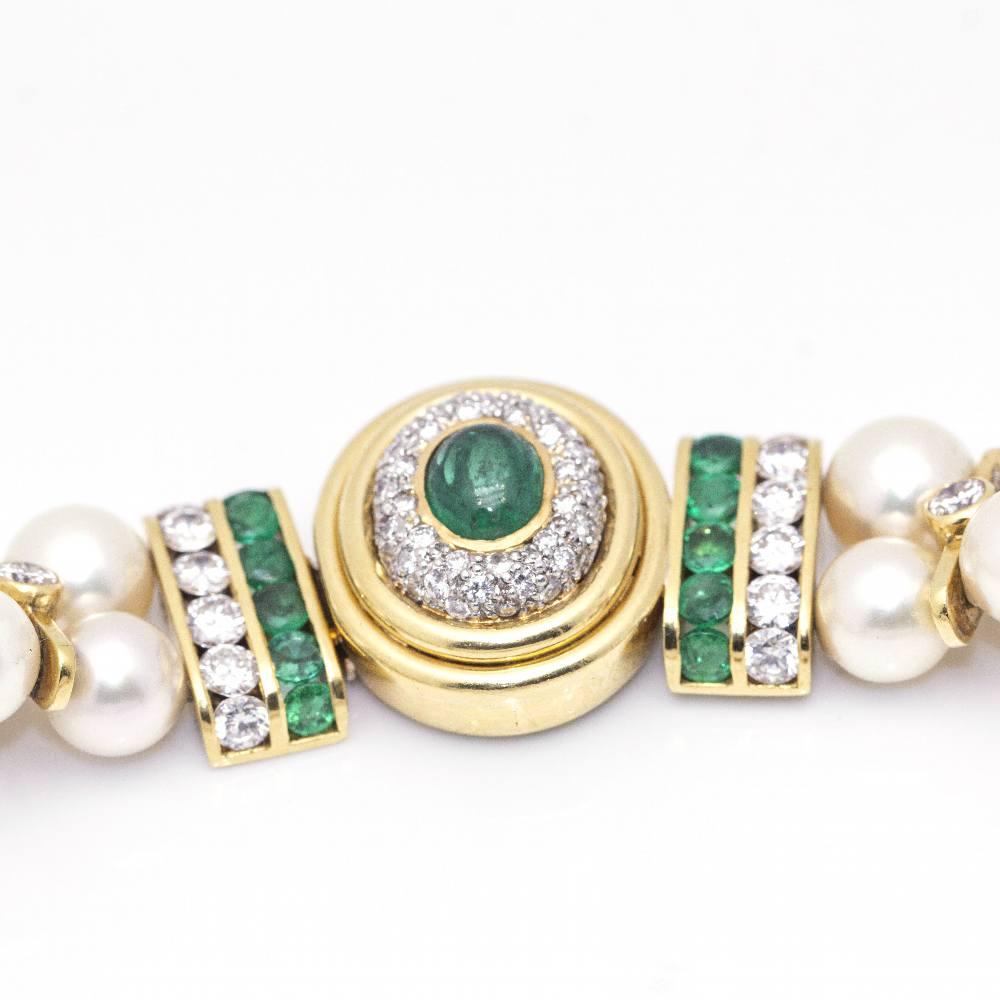 Brilliant Cut PEARL CHOKER Diamond and Emerald Necklace For Sale