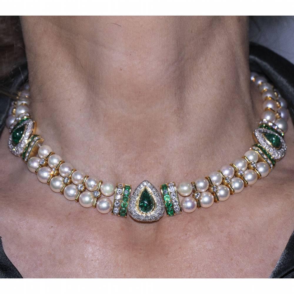 PEARL CHOKER Diamond and Emerald Necklace For Sale 2